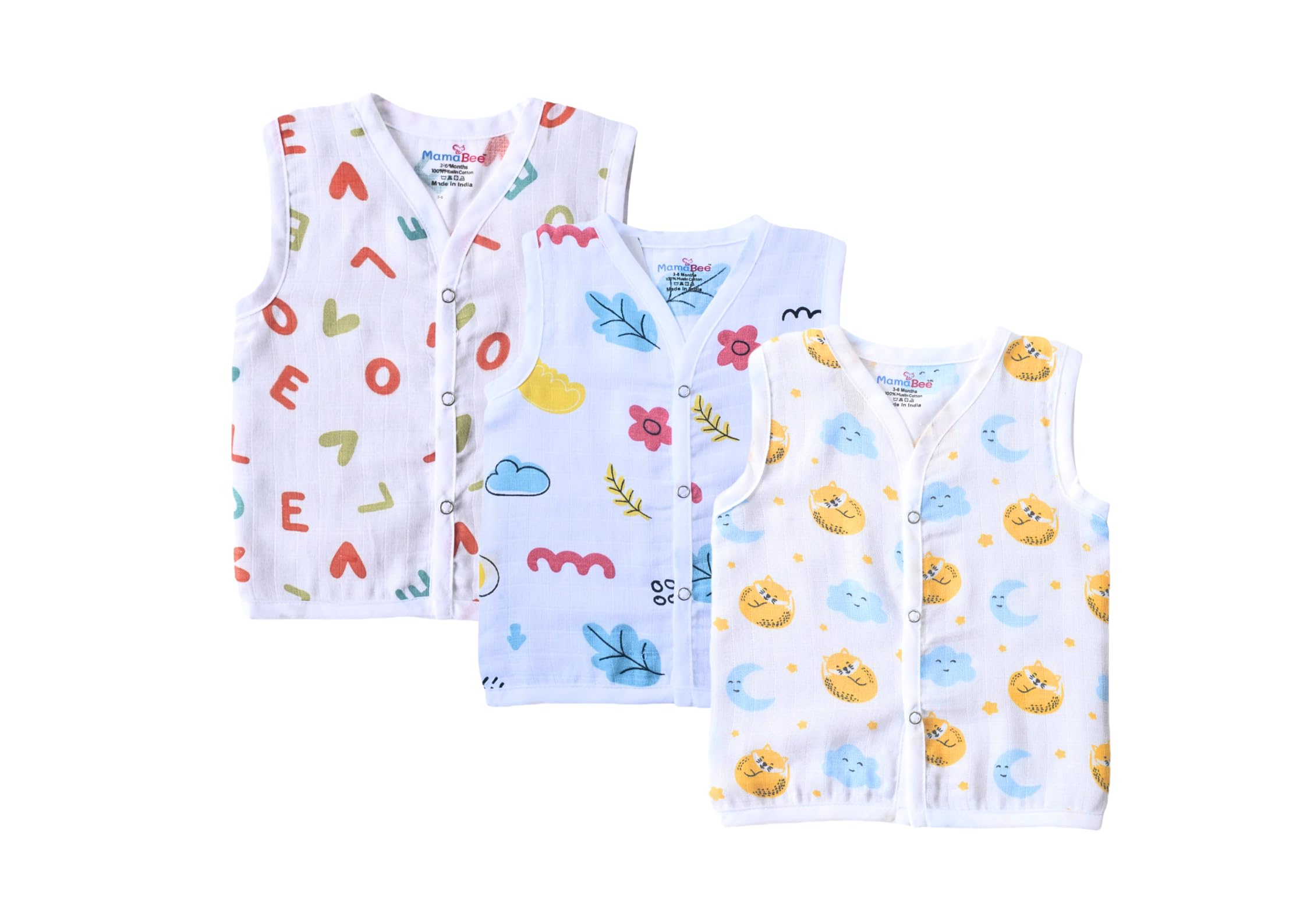 Organic Cotton Muslin Button Jabla | Printed Jabla | for Boys & Girls | Soft & Comfortable Baby Products | Sleeveless Vest | Snap Button Jabla | Assorted Pack of 3 | Size 3-6 Month-image-22