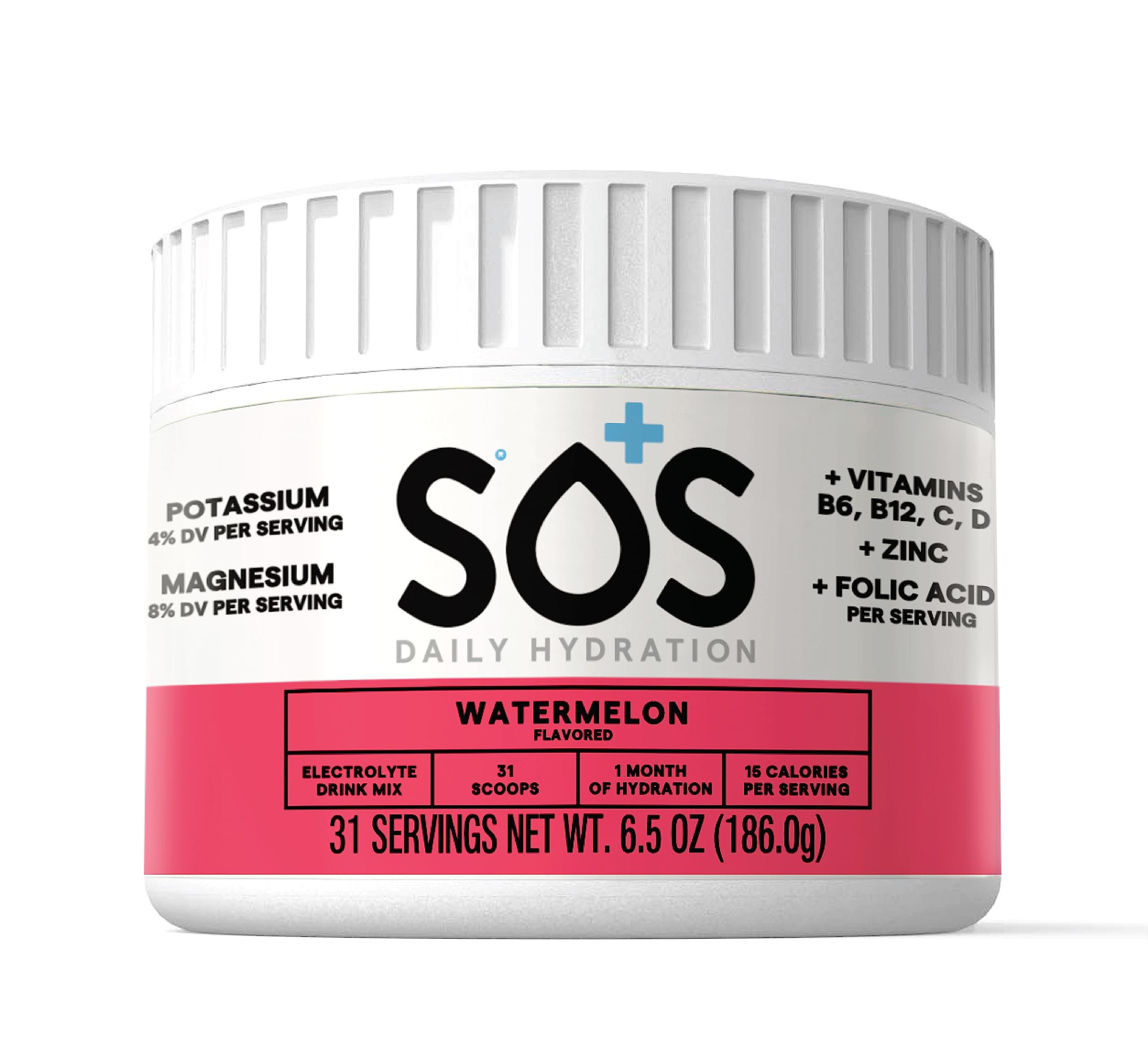SOS Hydration Electrolyte Powder, Watermelon Flavor, 31 Servings – Low-Calorie, Rapid Rehydration, Made in USA, Keto & Vegan Friendly