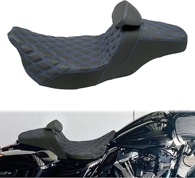 One-Piece Two-Up Seat With Driver Backrest Fit for Harley Touring 2009-2023 | Driver Passenger Seat With Rider Backrest Cushion Pad Fit for Electra Glide Road King Road Glide Street Glide, Blue Stitching