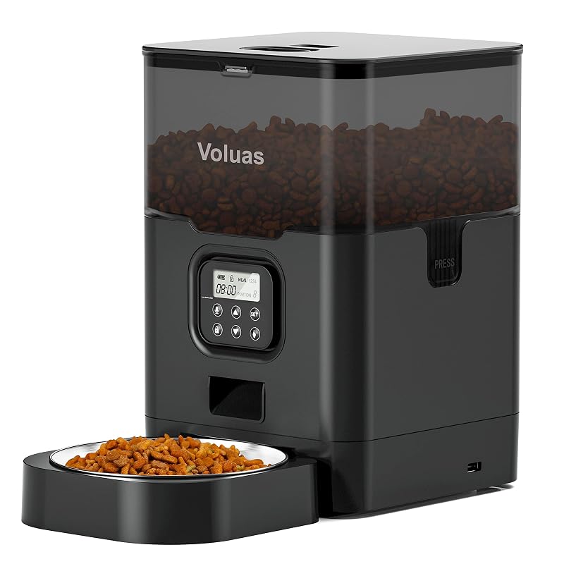 Comedouro automático para gatos, coelhos e cães pequenos Voluas com programação e gravação de voz, 4 L, Preto/Transparente