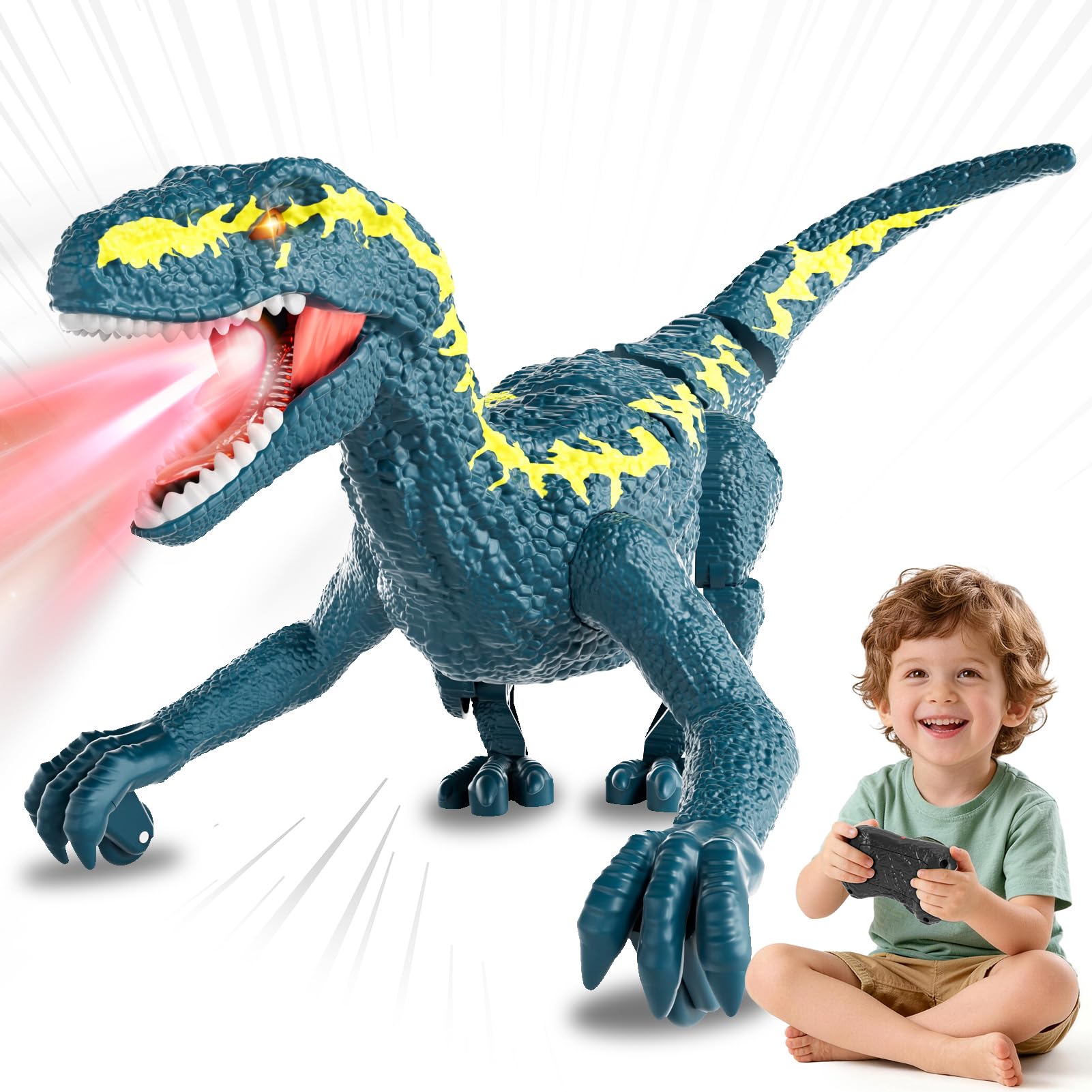 Dinosaurio Teledirigido para Niños 3+, RC Dinosaurio Caminante Recargable 2,4 GHz con Ojos 3D y 3 Sonidos, Juguete Animal Prehistórico Interactivo para Niños y Niñas 3+ (Azul)
