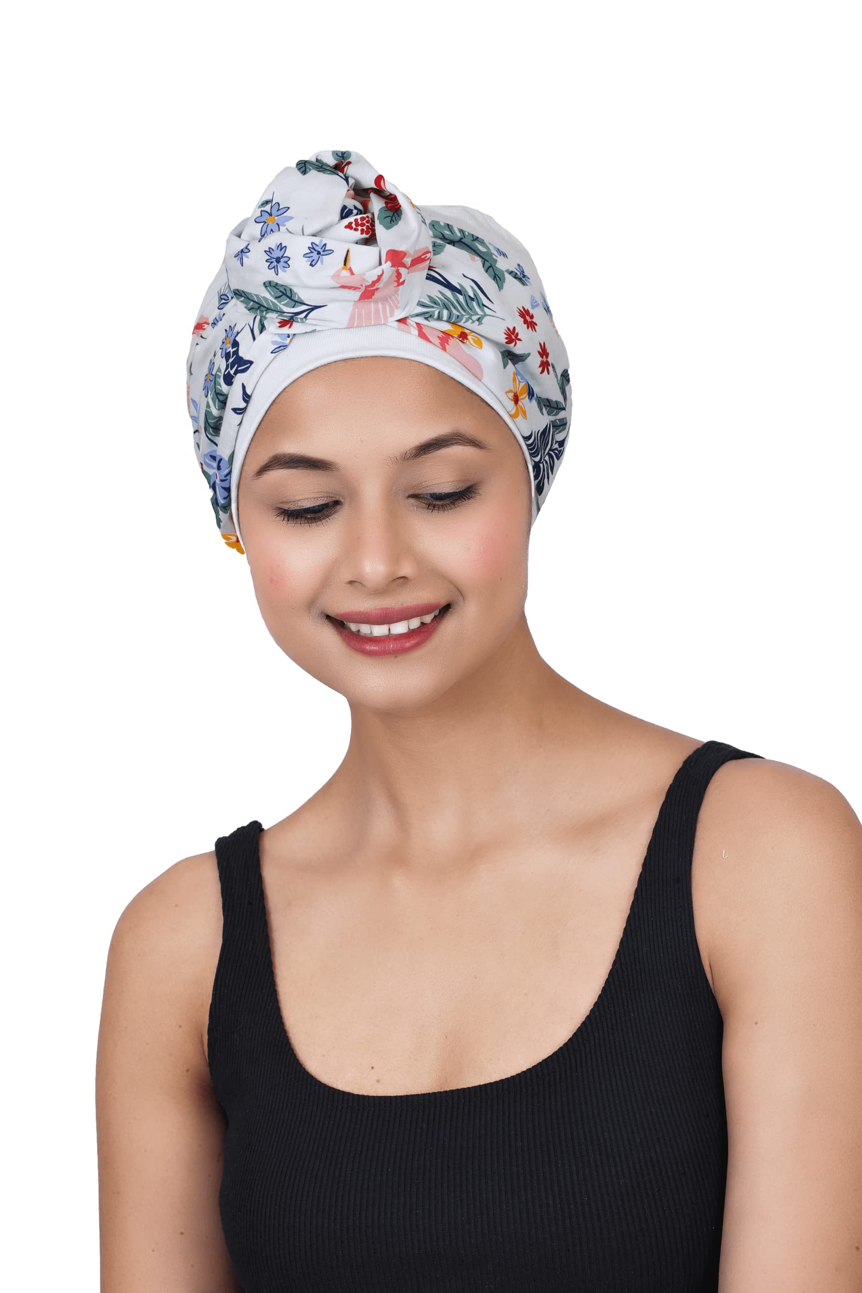 Printed Cotton Flower Band with Bamboo Viscose Cap for Women's Chemo Hair Loss Headwear (2 Piece Set_Multicolor)-image-41