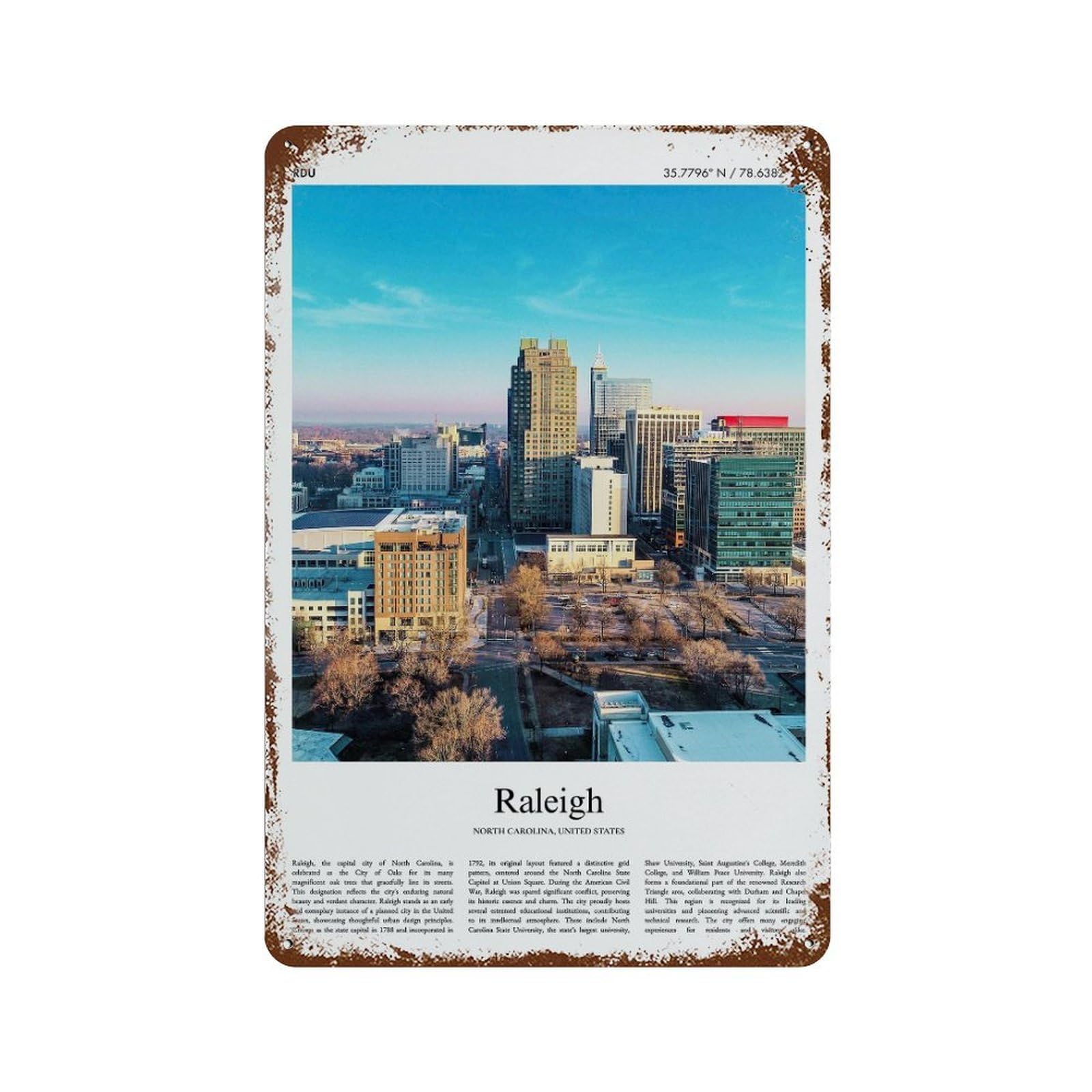 xiaoxiaoshen Raleigh North Carolina, United States, USA City Scenery Wall Decor Art Metal Tin Poster Modern Home Decor Art Home Bar Shop Decorations Vintage Sign 30x20cm