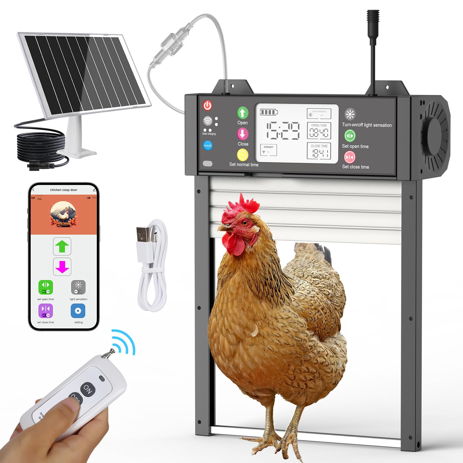 Puerta Automática para Gallinero Control de Aplicación, Pantalla LCD, Control mediante Aplicación, Control Remoto, Sensor de Luz, Temporizador y Manual, Carga Solar y USB, Antipinzamiento, Impermeable