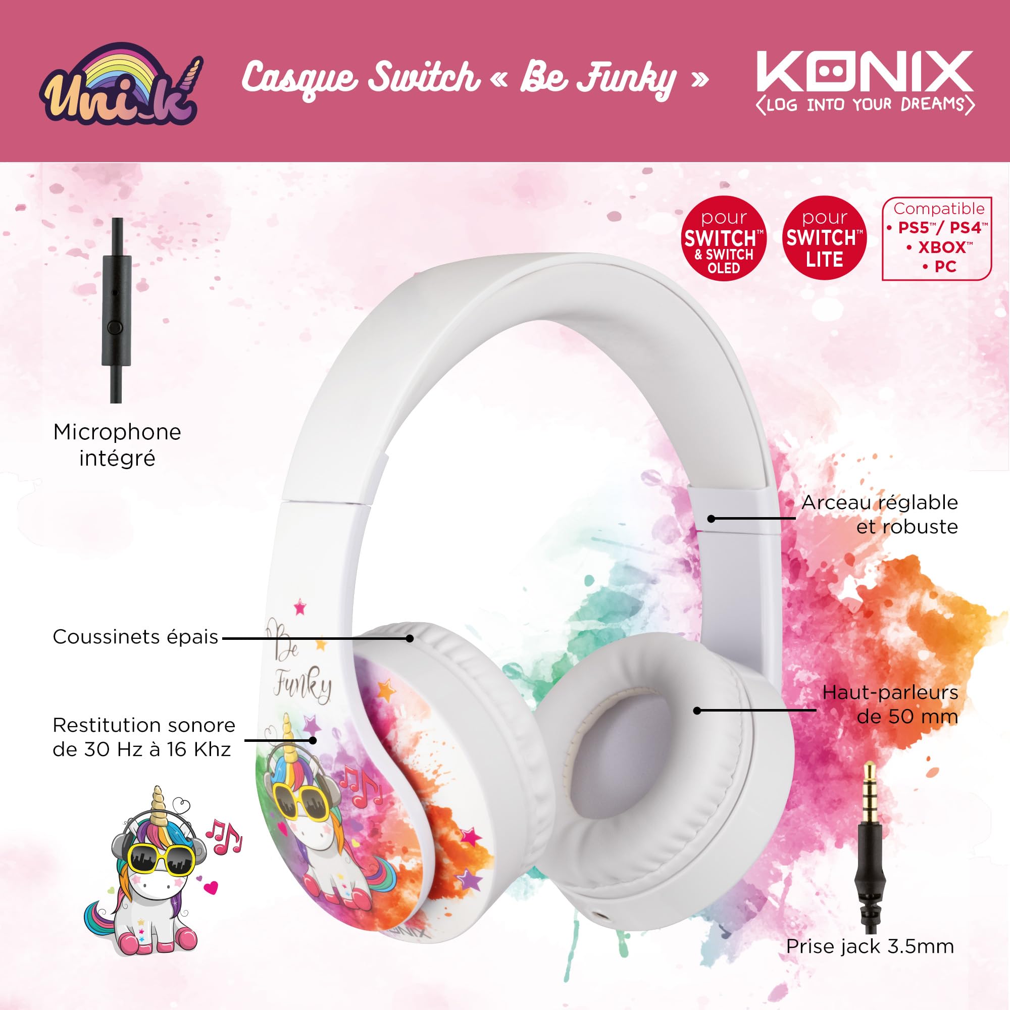 Konix Unik Casque Gaming Filaire pour PS4, PS5, Switch et Xbox - Microphone intégré - Câble 1,2 m - Prise Jack 3,5 mm - Motif Be Funky, Licorne