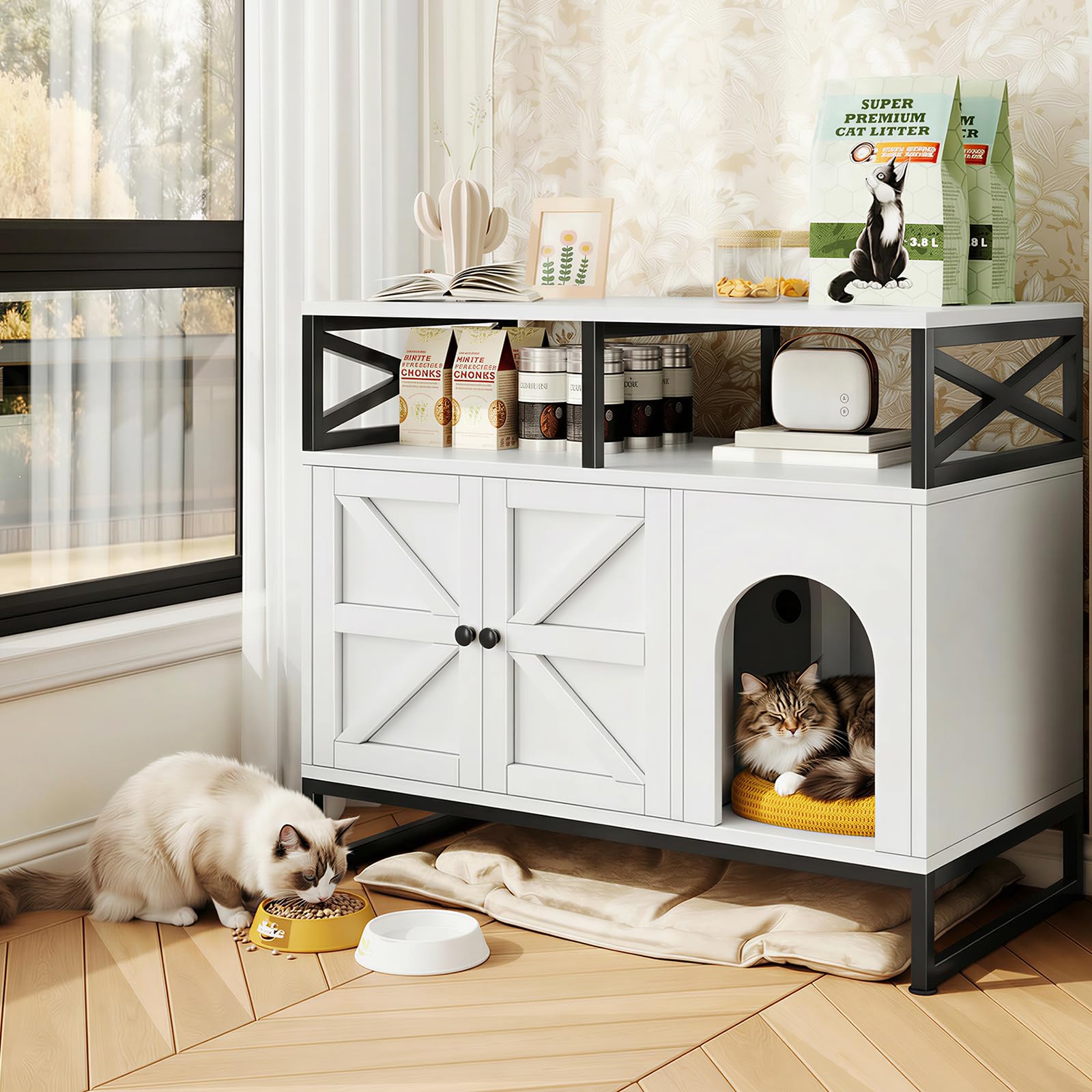 Farmhouse Cat Litter Box Enclosure, 35" Hidden Litter Box Furniture with Open Shelves and Adjustable Feet, Cat Washroom Furniture for Living Room, Bedroom, Entryway, White