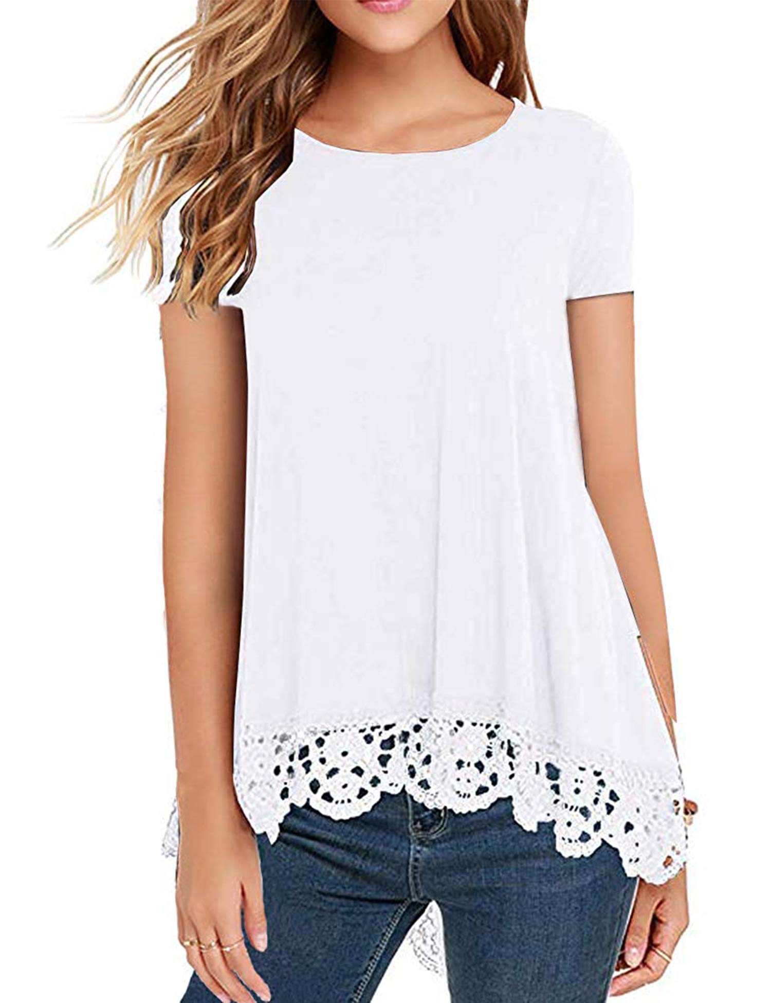 RAGEMALLWomen's Tops Short Sleeve Lace Trim O-Neck A-Line Tunic Blouse Tops for Women