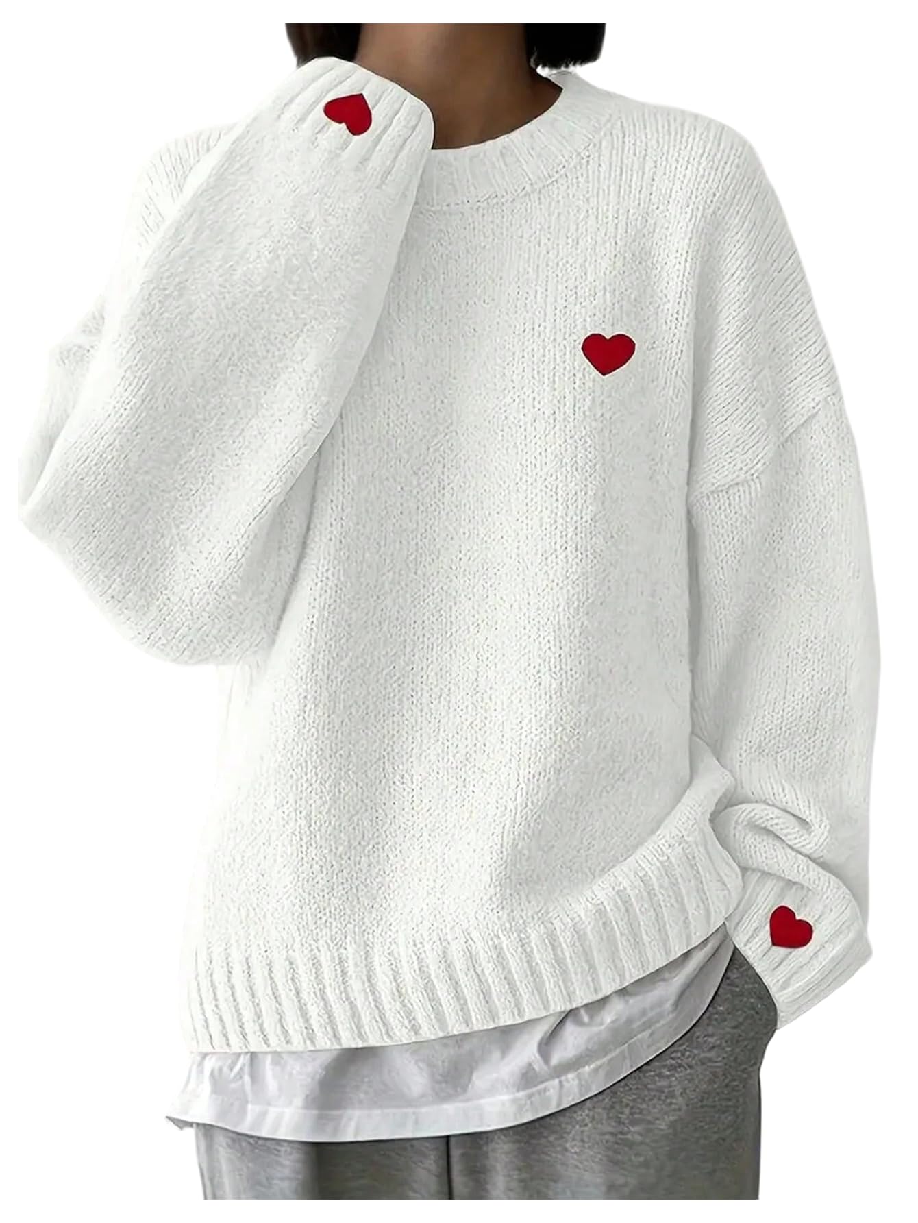 GORGLITTER Womens Graphic Crew Neck Sweater Heart Print Oversized Long Sleeve Drop Shoulder Knit Pullover Winter Outfits