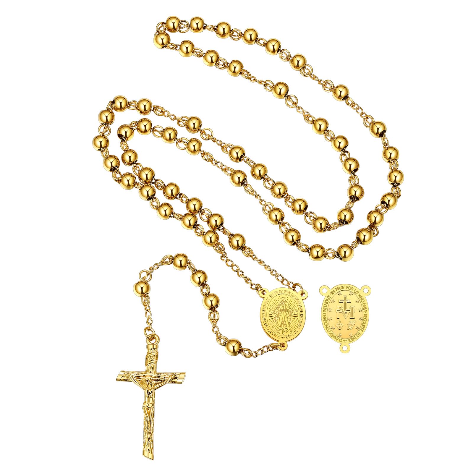 FaithHeart Christian Rosary Bead Cross Necklace for Women Men, Stainless Steel Praying Rosary Y Necklace Jewelry, Gift Box