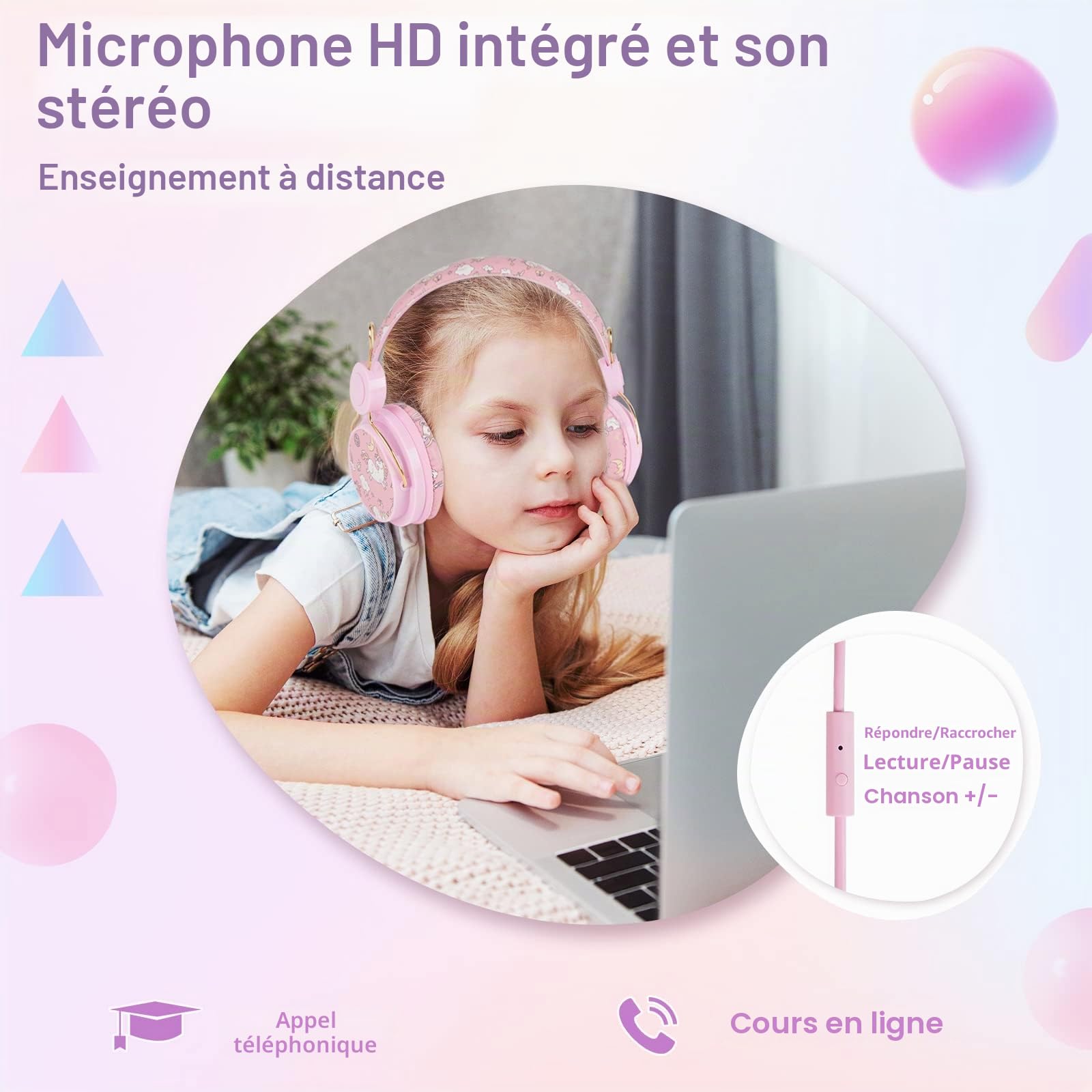 JYPS Casque Audio Enfant, Licorne/Dinosaures Casque Filaire pour Enfants avec Micro pour Filles/Garçon de 3 à 10 Ans, Musique Ecouteurs pour iPad/Tablet l'école-Cadeau Licorne pour Filles (Rose)