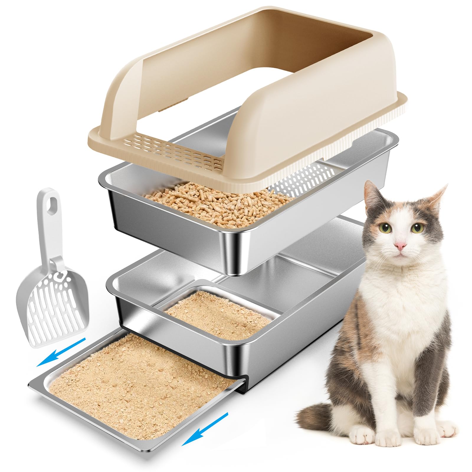 23.6"x16"x12" Stainless Steel Sifting Litter Box with Lid, XL Sifting Litter Box for Pine Pellets Less Tracking, High Sides Metal Litter Tray with Removable Drawer Pan, Anti-Leakage, Easy Cleaning