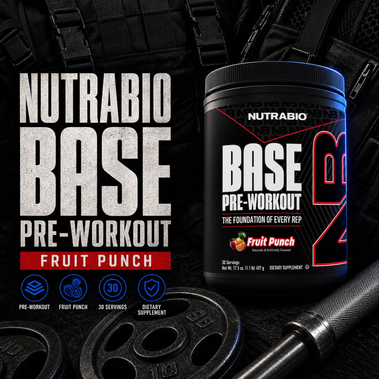 NutraBio Base Pre-Workout Powder 200mg Caffiene, Sustained Energy, Focus, Endurance, Pump, Sugar Free, Clean Preworkout for Men and Women - Beta Alanine, L-Tyrosine, 30 Servings - Fruit Punch — Amazon image 4