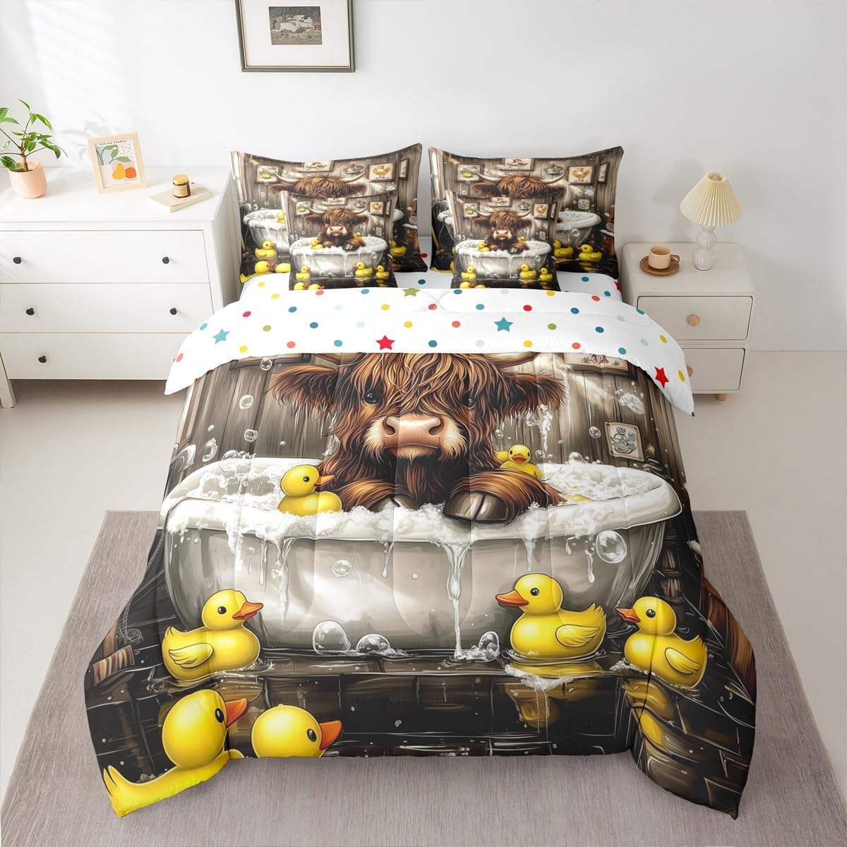Cute Highland Cattle Kids Comforter Twin Size,Funny Highland Cow Duck 7 Pcs Bedding Set,Cartoon Animal Rustic Farmhouse Decor All Season,Brown Yellow(Fitted+Sheet+2 Pillowcases+2 Throw Pillow Covers)