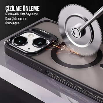Babilden iPhone için Kılıf Kamera Korumalı Magsafe Wireless Şarj Özellikli Mat Şeffaf Renkli Standlı Kılıf (Lens Hediyeli) (Siyah, iPhone 14 Plus)