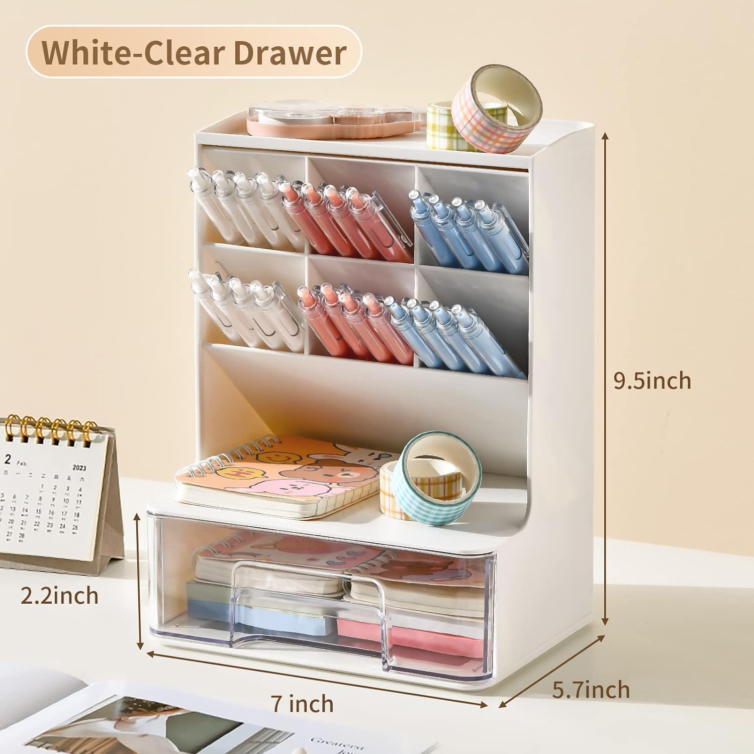 Seven Moon Desk Storage Organizer with Drawer - Space-Saving Solution for Home, Office & School - Perfect for Pens, Stationery, and Makeup Organization (White) 2