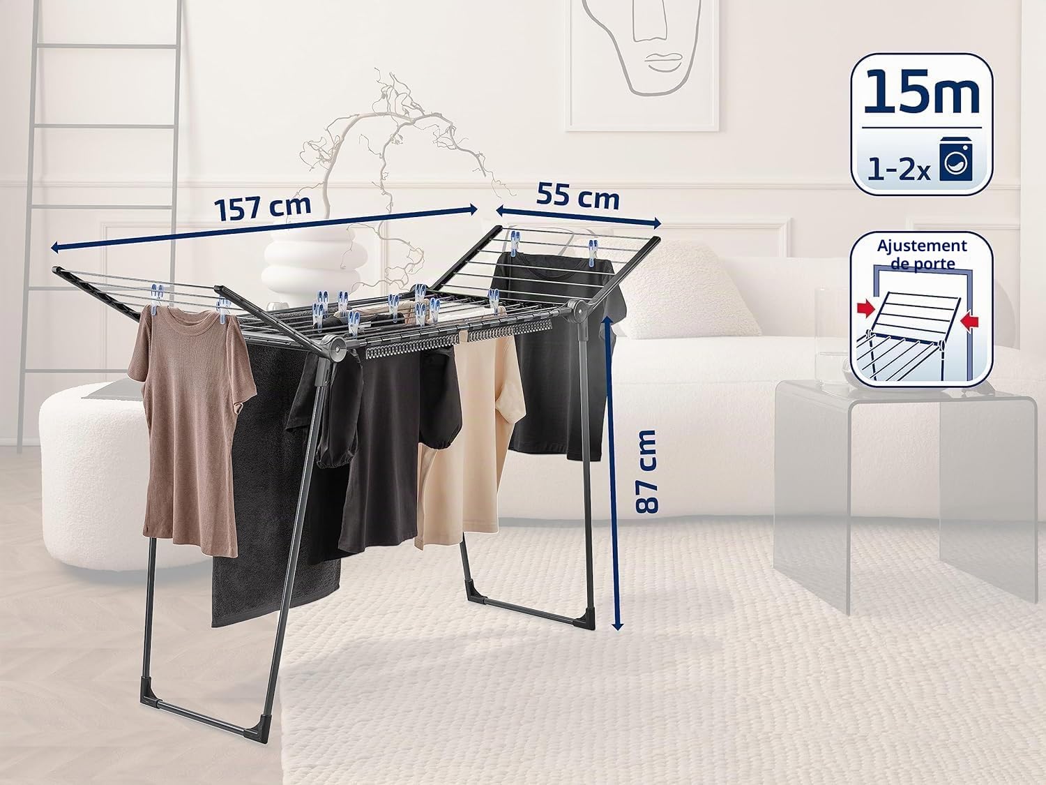 Leifheit Séchoir à linge Pegasus 150 Solid Slim Black, séchoir sur pied grande surface d'étendage, étendoir à linge solide et robuste de taille compacte, séchoir à linge noir