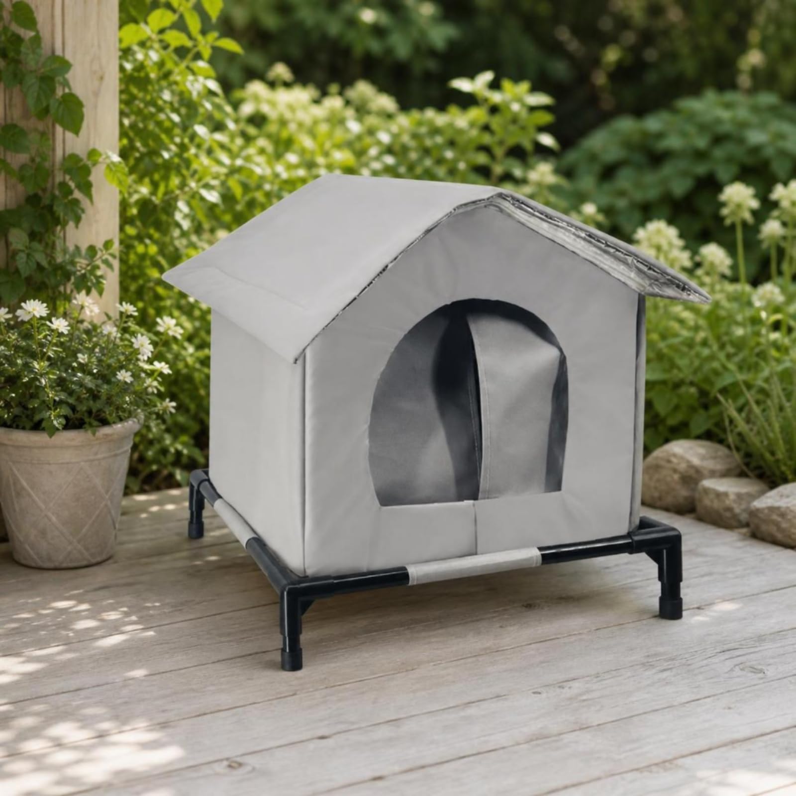 Niche pour Chat Compact, Size to 2, Modèle avec Support en Tissu Gris, Taille M | Extérieur, Niche pour Chat avec Pieds, Surélevé, Balcon, Chats