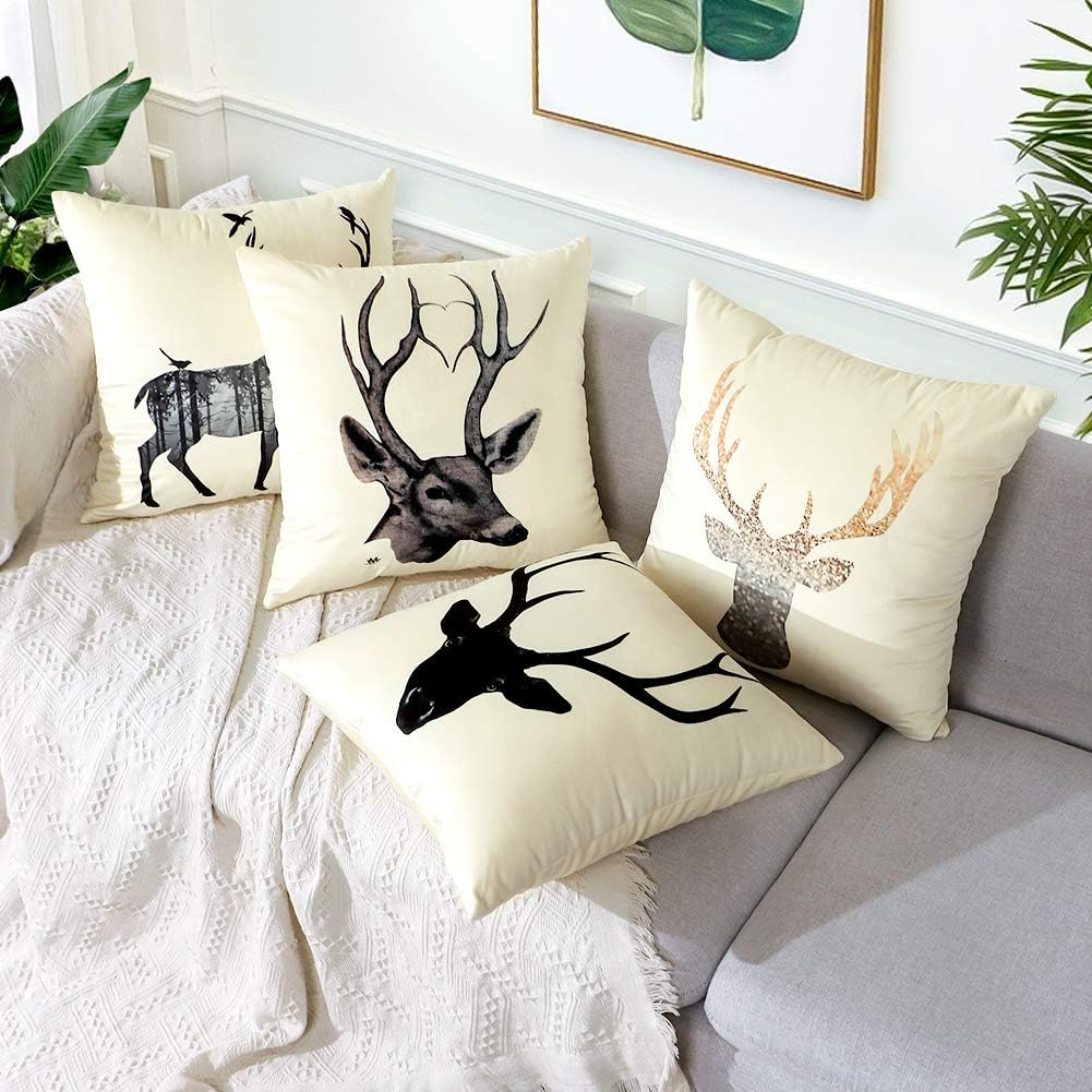 Artscope Cozy Throw Pillow Covers Cases, Pack of 4 Soft Velvet Elk & Deer Print Pattern Decorative Cushion Covers for Sofa Couch Bedroom Living Room Home Decor 18x18 Inch