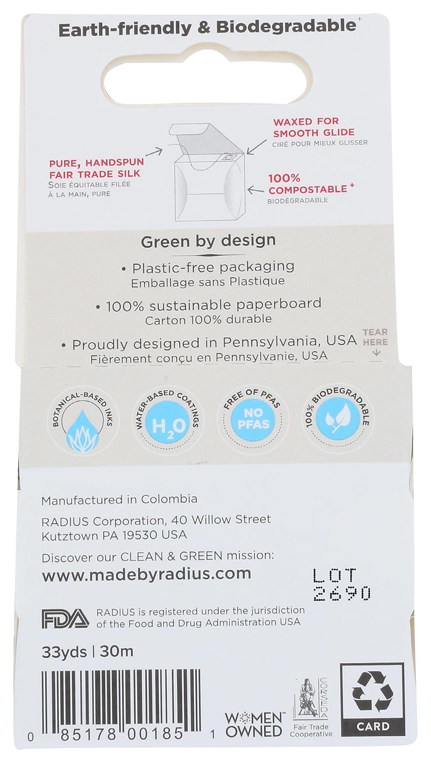 RADIUS Natural Biodegradable Silk Floss, Soft and Smooth for Total Tooth and Gum Protection (33 Yards)