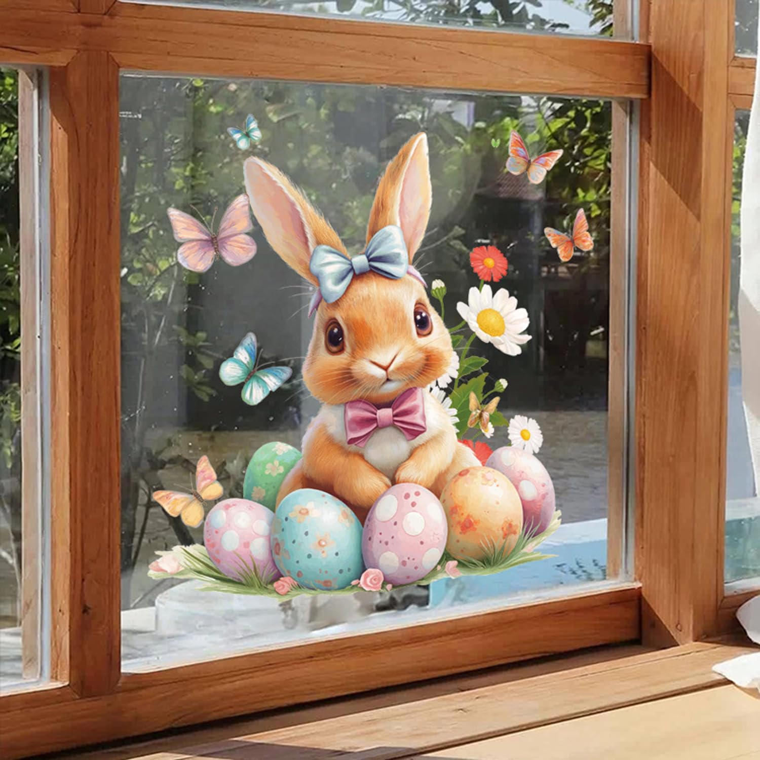 Summer Window Clings with Bow Flower Design Double-Sided Window Stickers Reusable Rabbit Window Decals for Spring Party Holiday Home Office School Shop Glass Decorations 1 Sheet