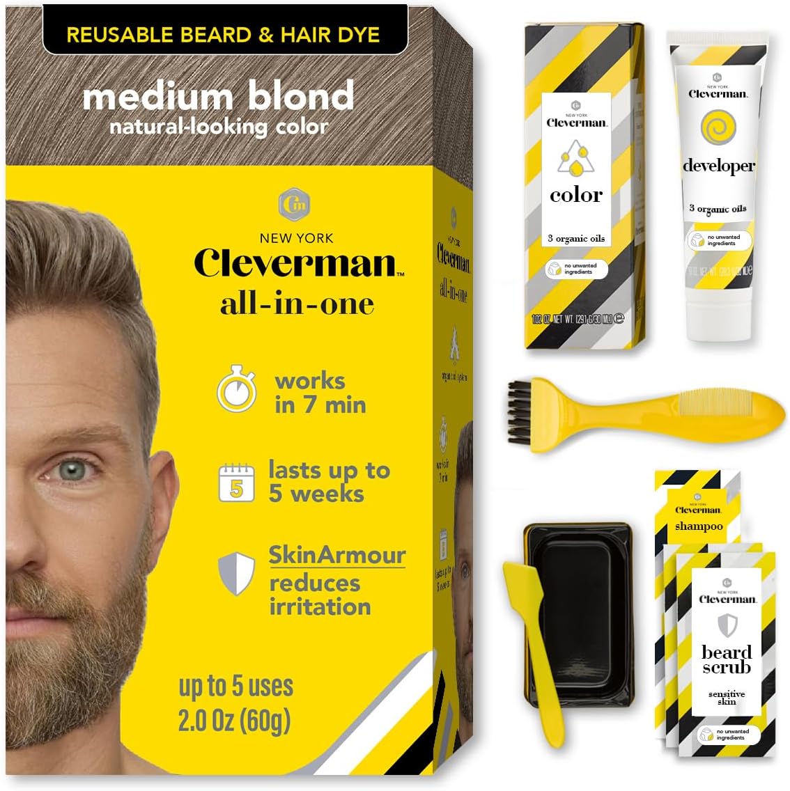 Cleverman Medium Blond Hair & Beard Dye for Men, All-in-One Reusable Kit - Mens Color For Natural-Looking Gray Coverage, Professional-Quality and Ammonia-Free for Hair, Beard & Gray Mustache