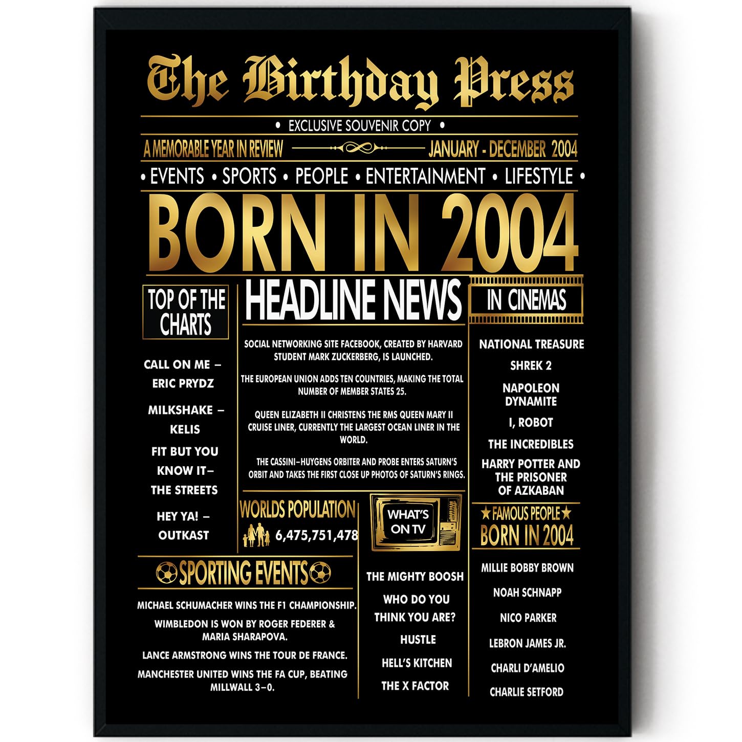 Stuff4 Men's 2004 Gold 22Nd Birthday Poster Framed, Golden Born In Newspaper