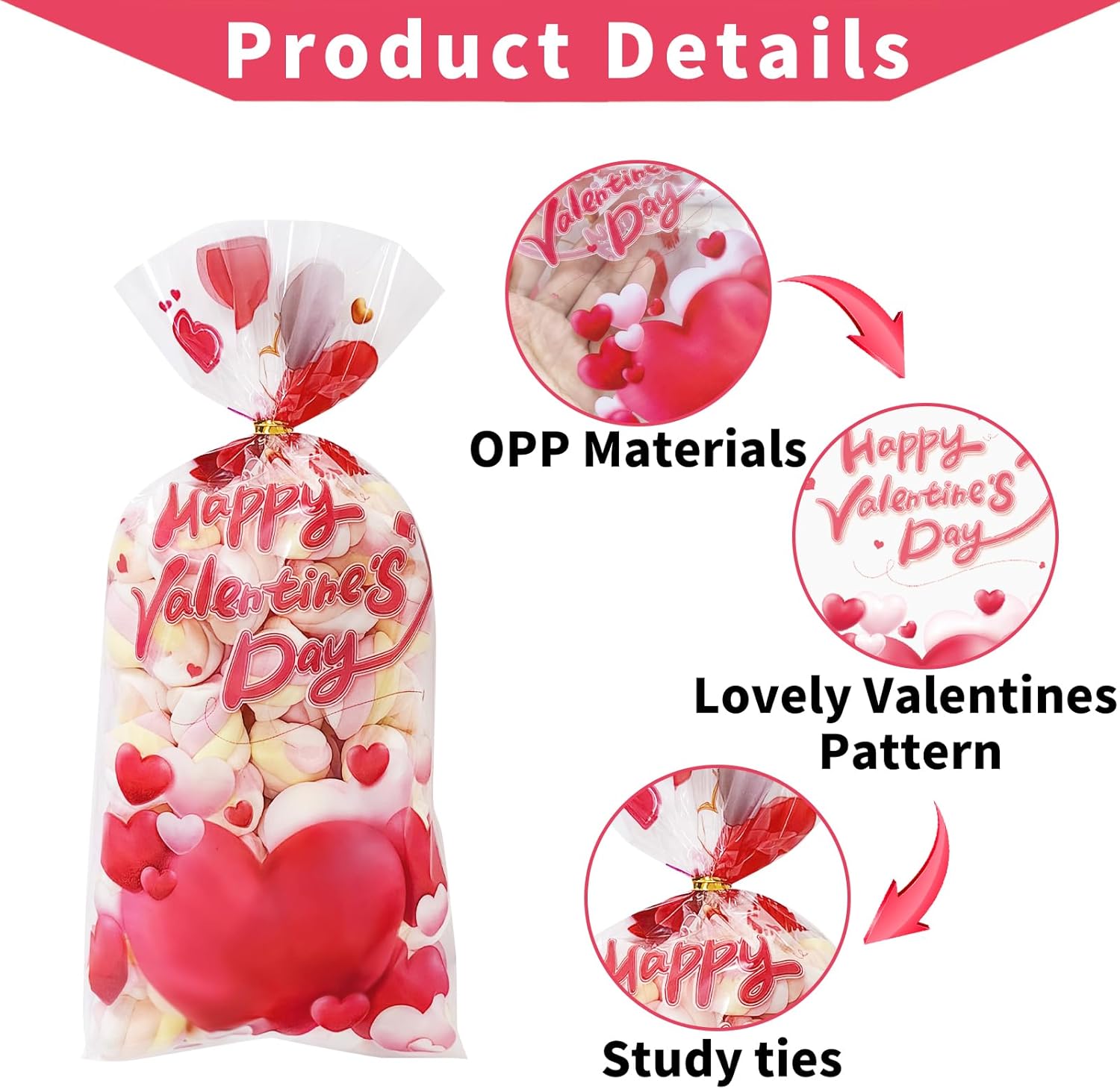 QOIUSO Valentines Goodie Bags, 60Pcs Valentines Treat Bags for Candy Goody Snacks Gifts Packing, Valentines Day Cellophane Bags With 70Pcs Twist Ties for Kids Classroom Party Favors - 4 Lovely Style - Image 3