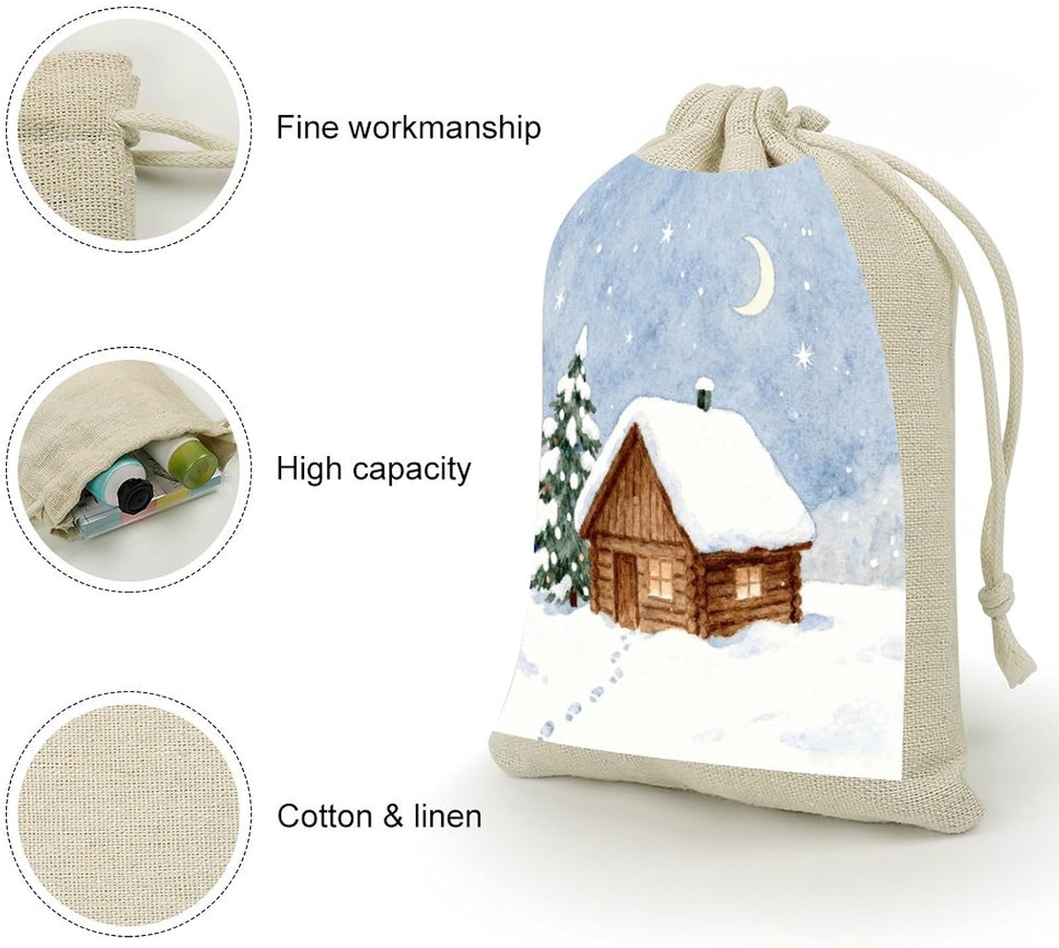 VstaDank Snowy Log Cabin Small Burlap Bags with Drawstring image 3