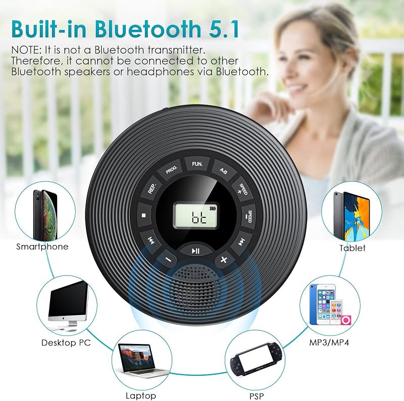 KOVCDVI Hordozható CD Lejátszó Bluetooth Funkcióval 1500 mAh Akkumulátor Hangszóróval USB AUX Lejátszás LCD Kijelző A-B Ismétlés