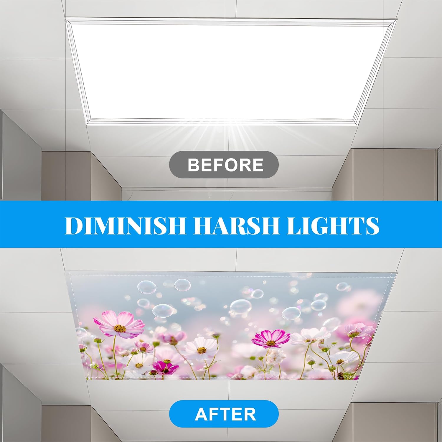 2 Pack Fluorescent Light Covers- 4 x 2 Feet Magnetic Ceiling Light Cover Room Supplies (Gesang Flower)