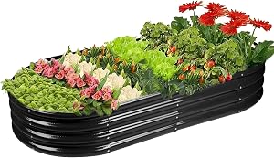 Rakukiri Raised Garden Bed GRS Certified Galvanized Planter Box Outdoor, 5ft Oval Rot-Resistant Metal Garden Bed Planter, Recycled Material Planter for Vegetables Flowers Herbs (Black)
