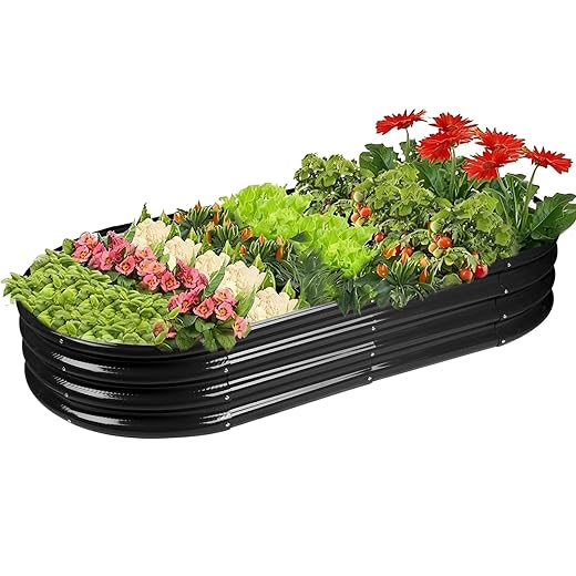 Raised Garden Bed GRS Certified Galvanized Planter Box Outdoor, 5ft Oval Rot-Resistant Metal Garden Bed Planter, Recycled Eco-Friendly Material Planter for Vegetables Flowers Herbs (Black)