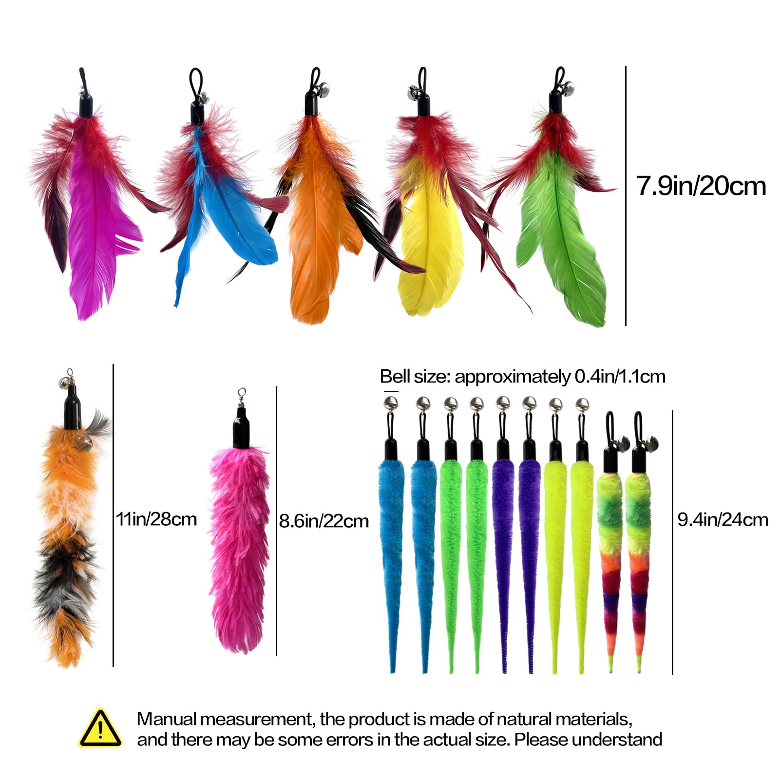 AcceLeah Recambios de varita de juguete para gatos, plumas naturales de pájaros, libélula y gusano de libélula, juguete de plumas de gato de repuesto para varita de gato (17 piezas (sin ojos))