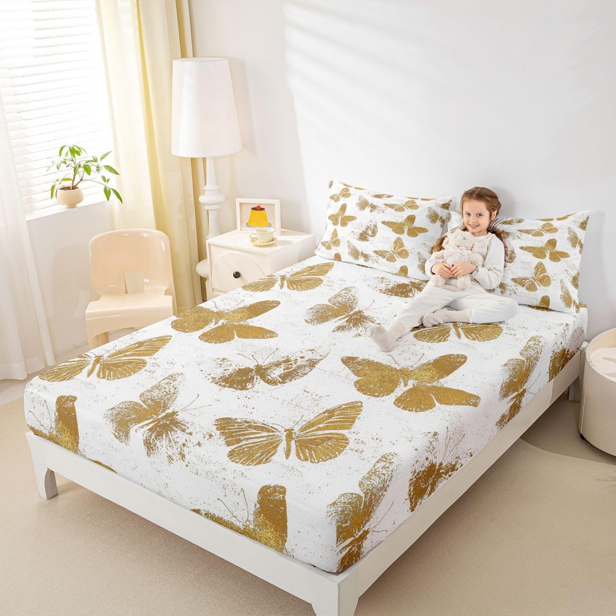 Erosebridal Butterfly Bed Sheets Full Gothic White Gold Sheet Set, Vintage Grunge Style Soft Lightweight Bedding Set, Rustic Animal Butterflies Fitted Sheet with Deep Pocket