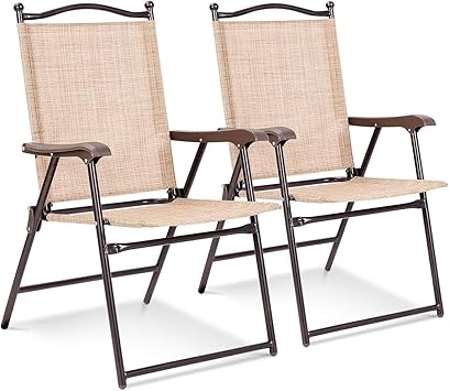 Giantex Set of 2 Patio Folding Chairs, Outdoor Patio Dining Chairs w/Armrest, Sling Back, Metal Frame, Outside Use for Lawn Camping Garden Pool Beach Yard Lounge, No Assembly, Yellow