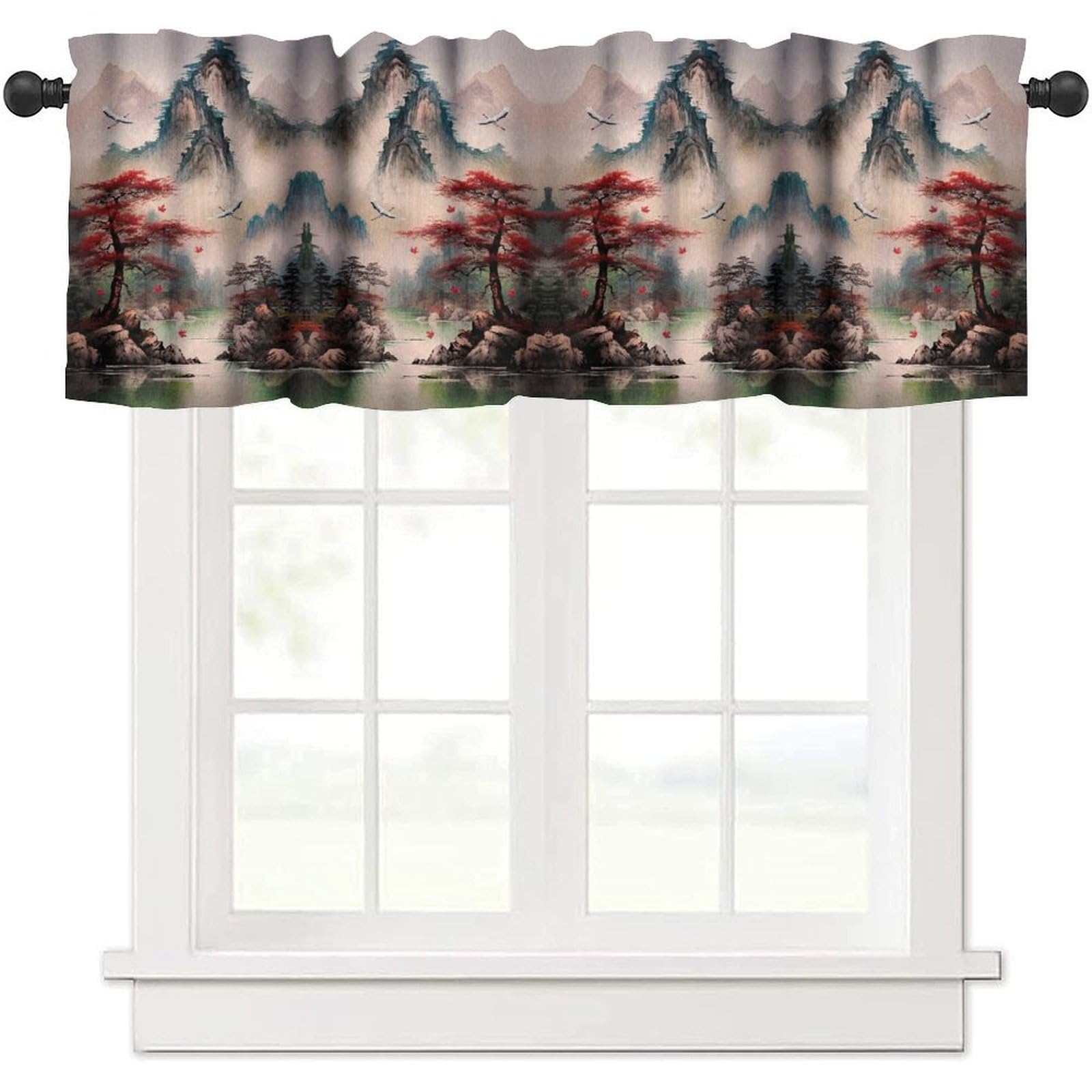 moderw Vintage Asian Curtain Valance, Oriental Chinese Fantasy Landscape Crane Clouds Montains Window Treatment Valance for Farmhouse Home Dining Room Kitchen 54x18inch