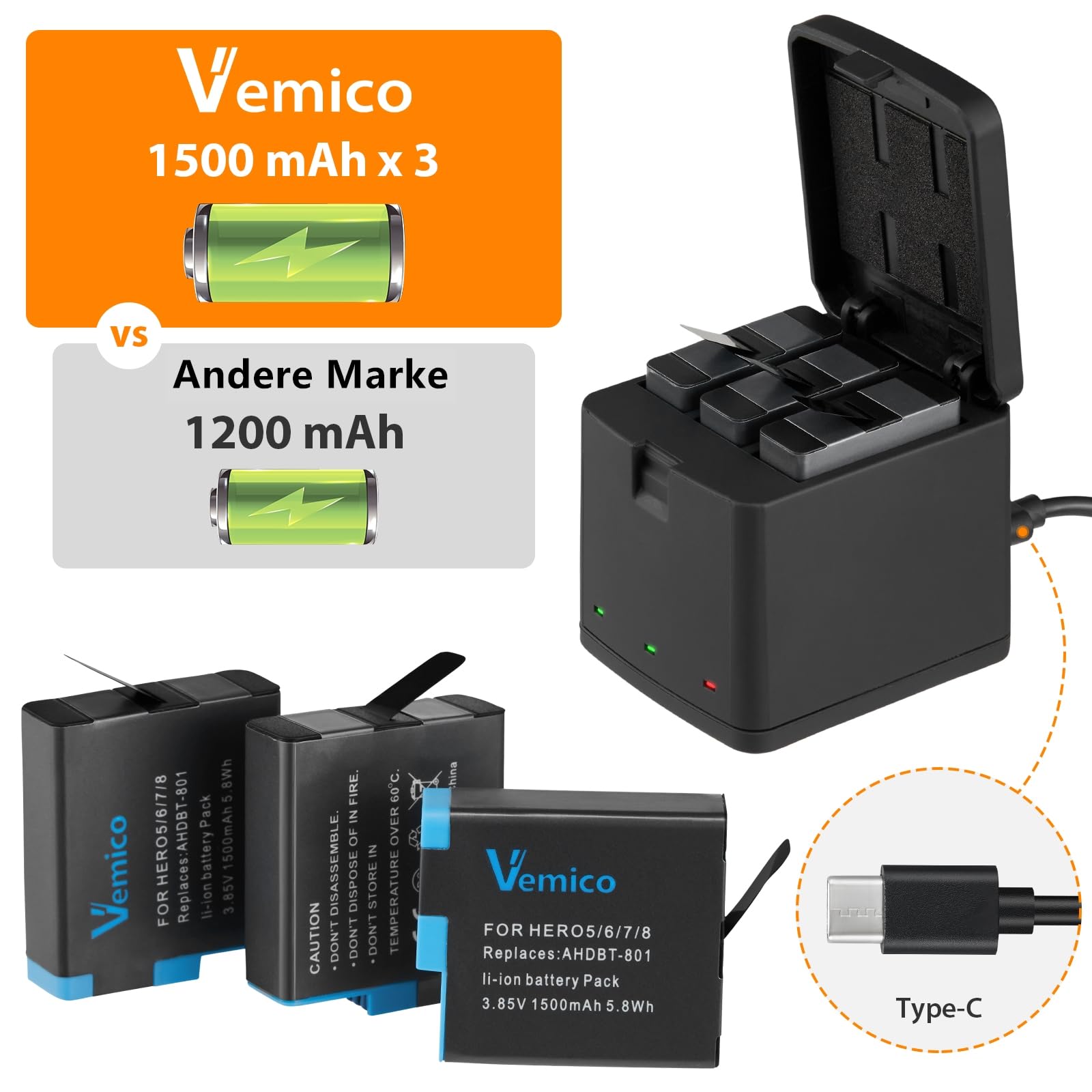 Vemico Hero 8 Akku Ladegerät Kit 3 Pack 1500 mAh ErsatzAkku 3 Kanal Ladebox Typ-C USB Mit Einem Schutzdeckel Ladegerät für Hero 8/Hero 7/Hero 6/Hero 5/AHDBT-801 (Vollkompatibel mit Orginal)