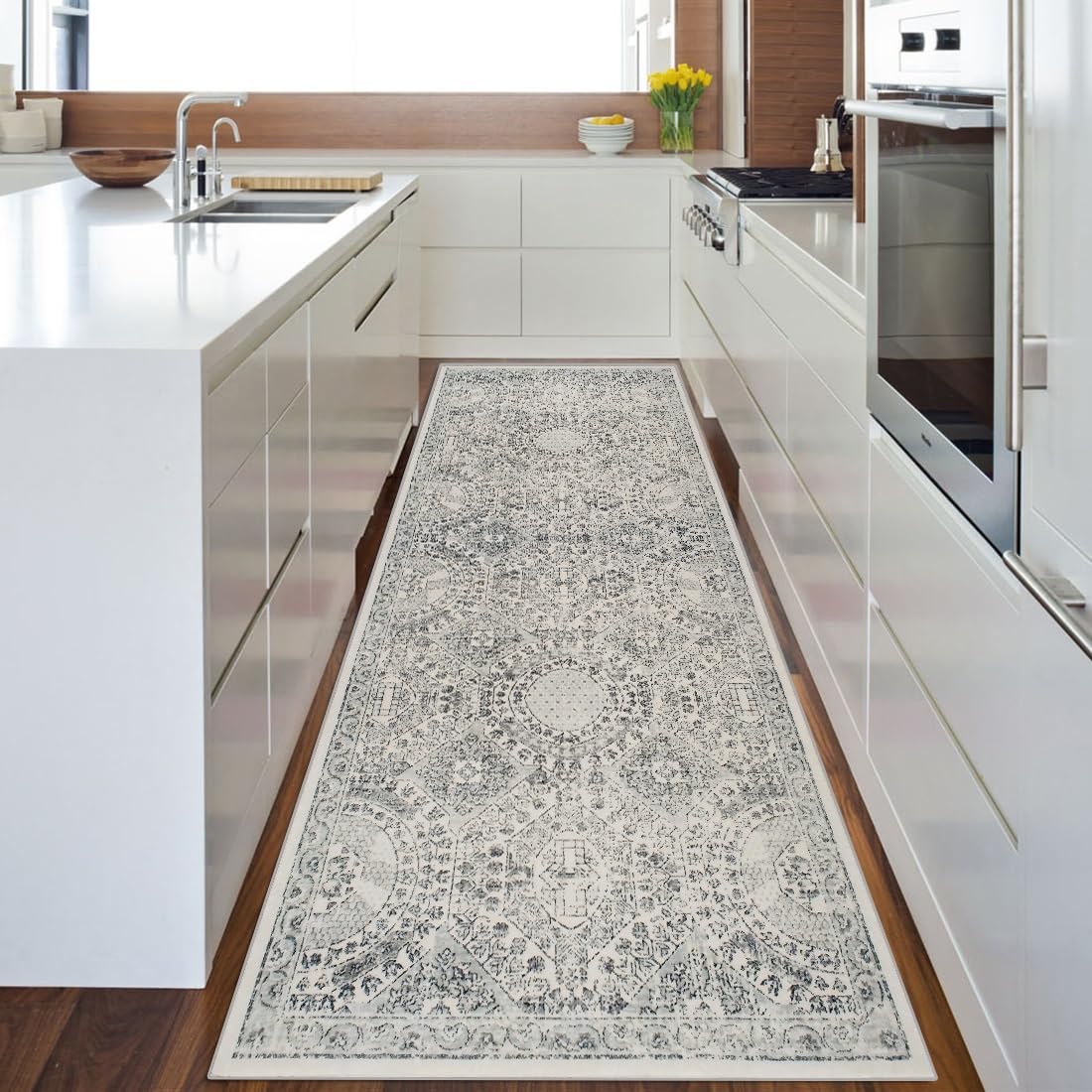 Teppich Läufer Flur Küche Grau Schlafzimmerteppich Boho 120x400cm | rutschfest Waschbar Lang Vintage Wohnzimmerteppich Meterware Läuferteppich Flurläufer Korridor Polyester