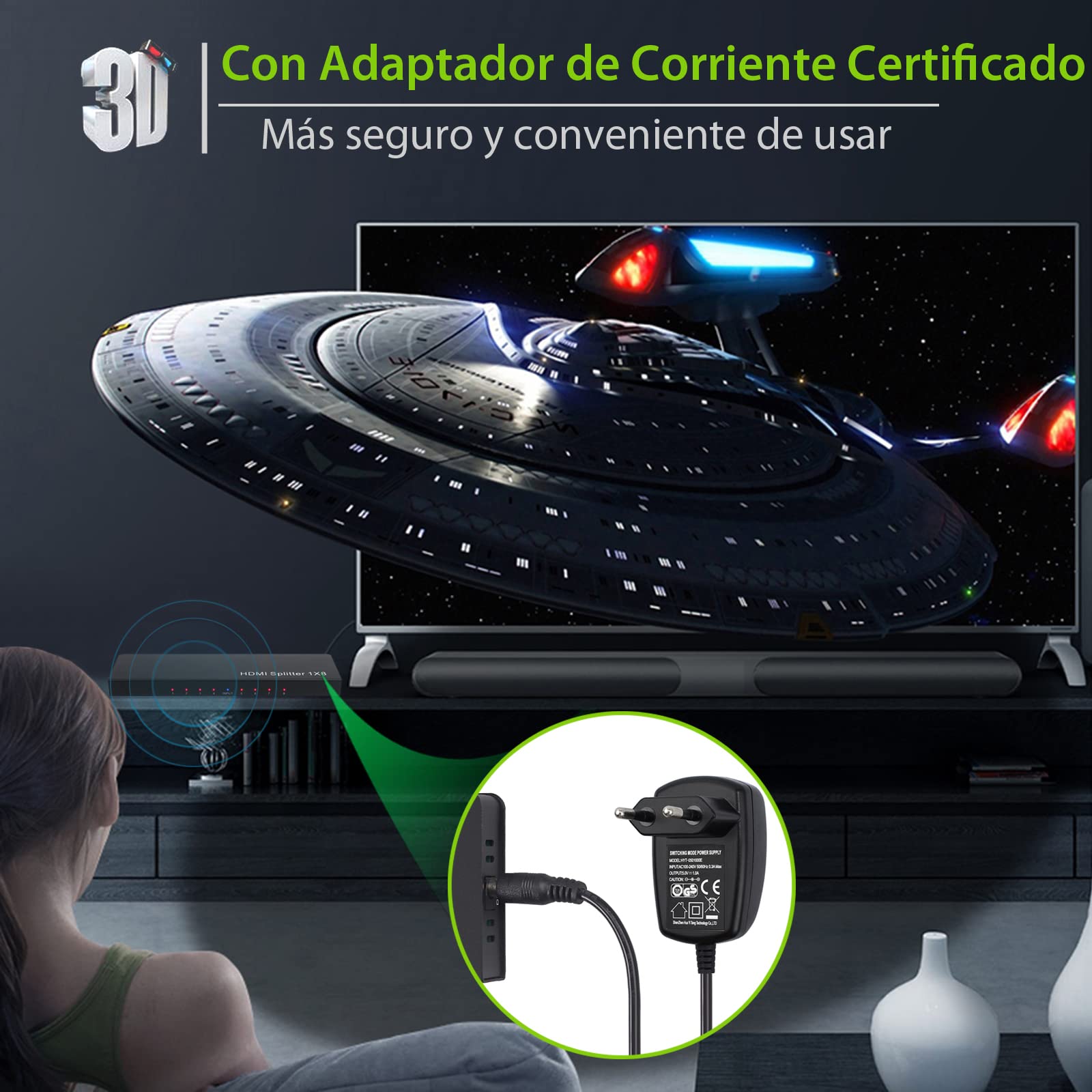 LiNKFOR Splitter HDMI 1 Entrada 8 Salidas - Duplicador y Distribuidor 4K 30Hz Compatible con UHD 1080p 3D HDCP 1.2 - Adaptador de Corriente 5V 1A para Portátil PS3 Roku BLU-Ray HDTV