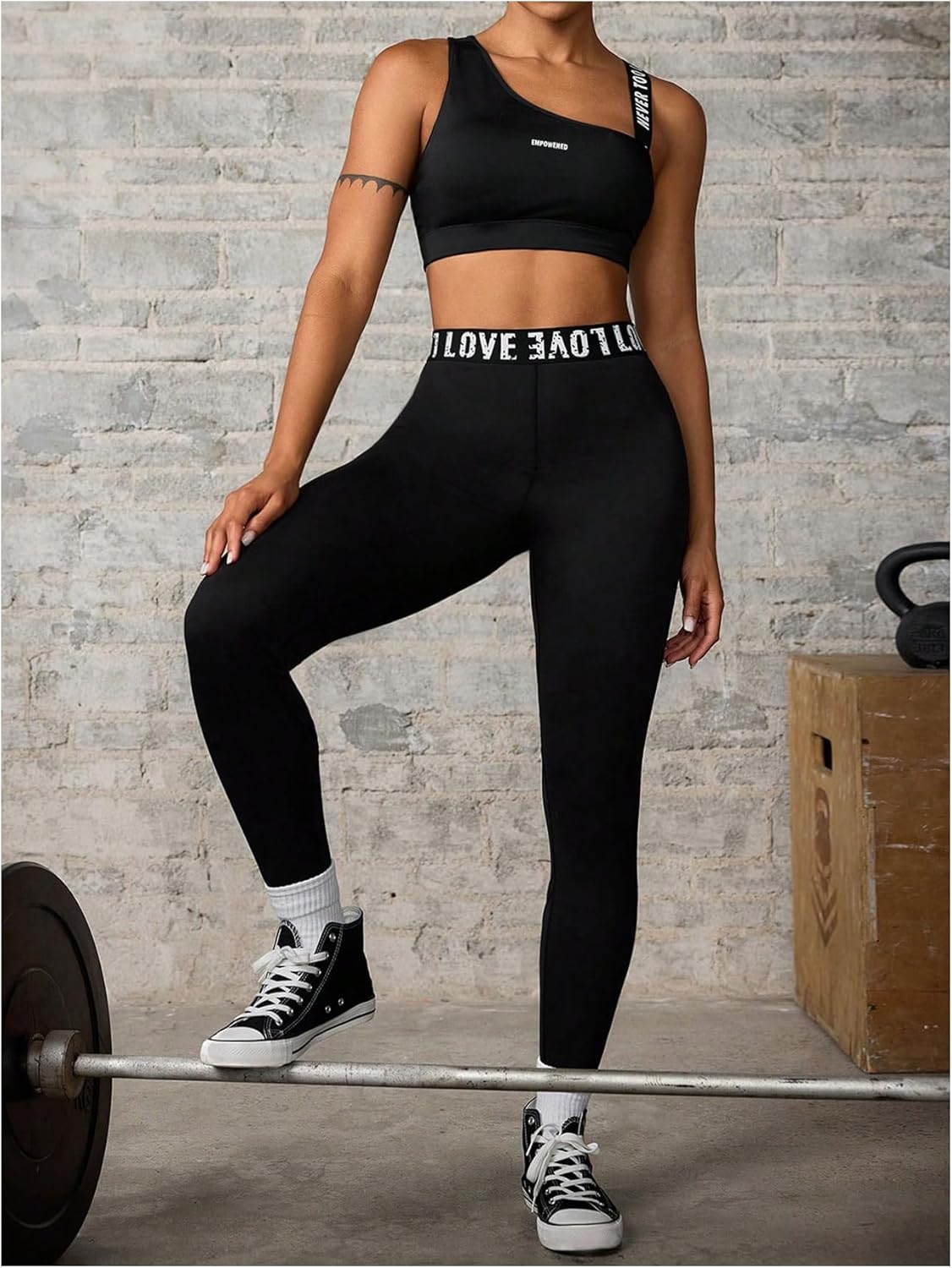 OYOANGLE Women's Letter Print Sports Bra Asymmetrical Neck Cut Out Medium Support Workout Yoga Bras - Image 5