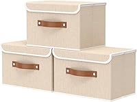 Vista 20 de OUTBROS Cajas de almacenamiento, contenedores de almacenamiento plegables con tapas, cestas de almacenamiento de tela de algodón y lino con asa