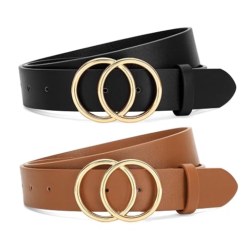 SANSTHS 2 Pack Women Leather Belts Faux Leather Jeans Belt with Double O Ring Buckle