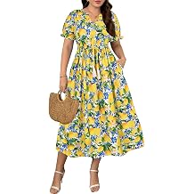RITERA Plus Size Midi Dress for Women Casual V NeckShort Sleeve Ruffle Flowy Boho Drawstring Tassel Waist XL-5XL