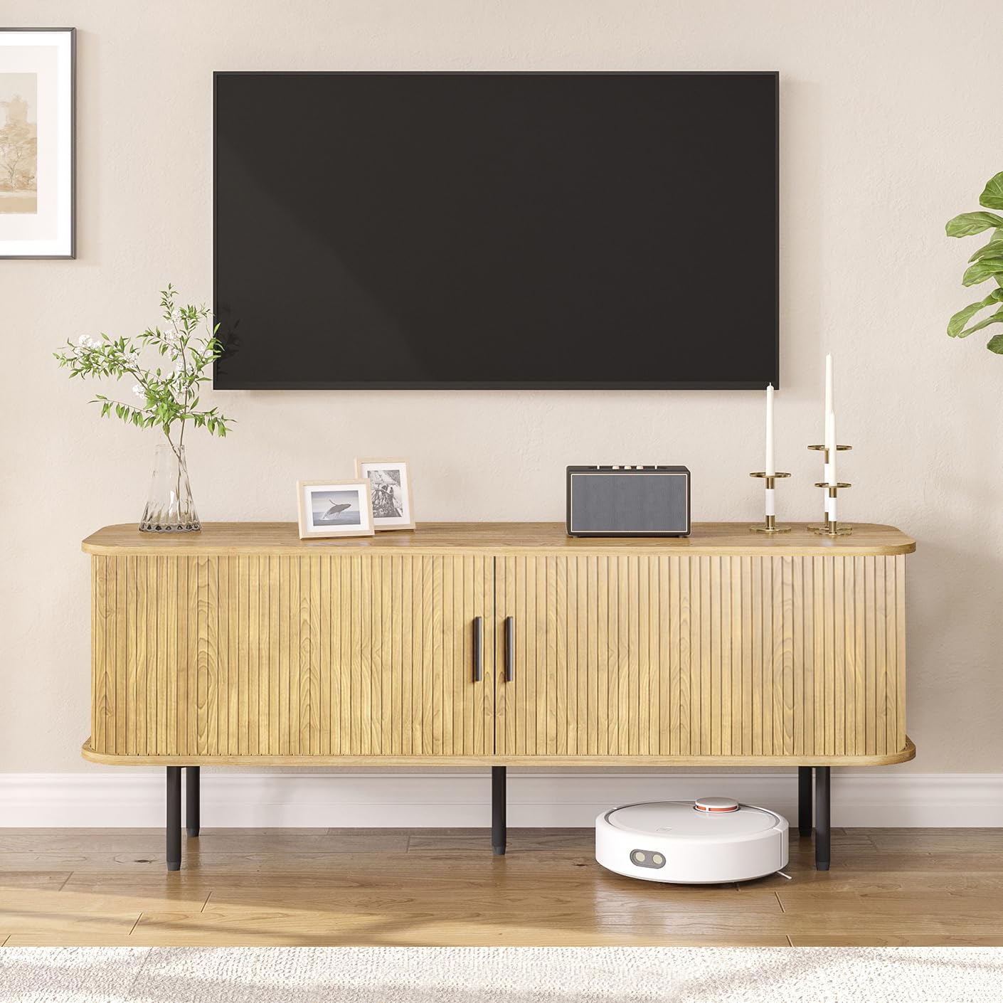 FiveWillowise 55" Natural Fluted TV Stand for TVs up to 65 Inch, Gaming Entertainment Center with Tambour Slatted Sliding Doors and Storage Cabinet,