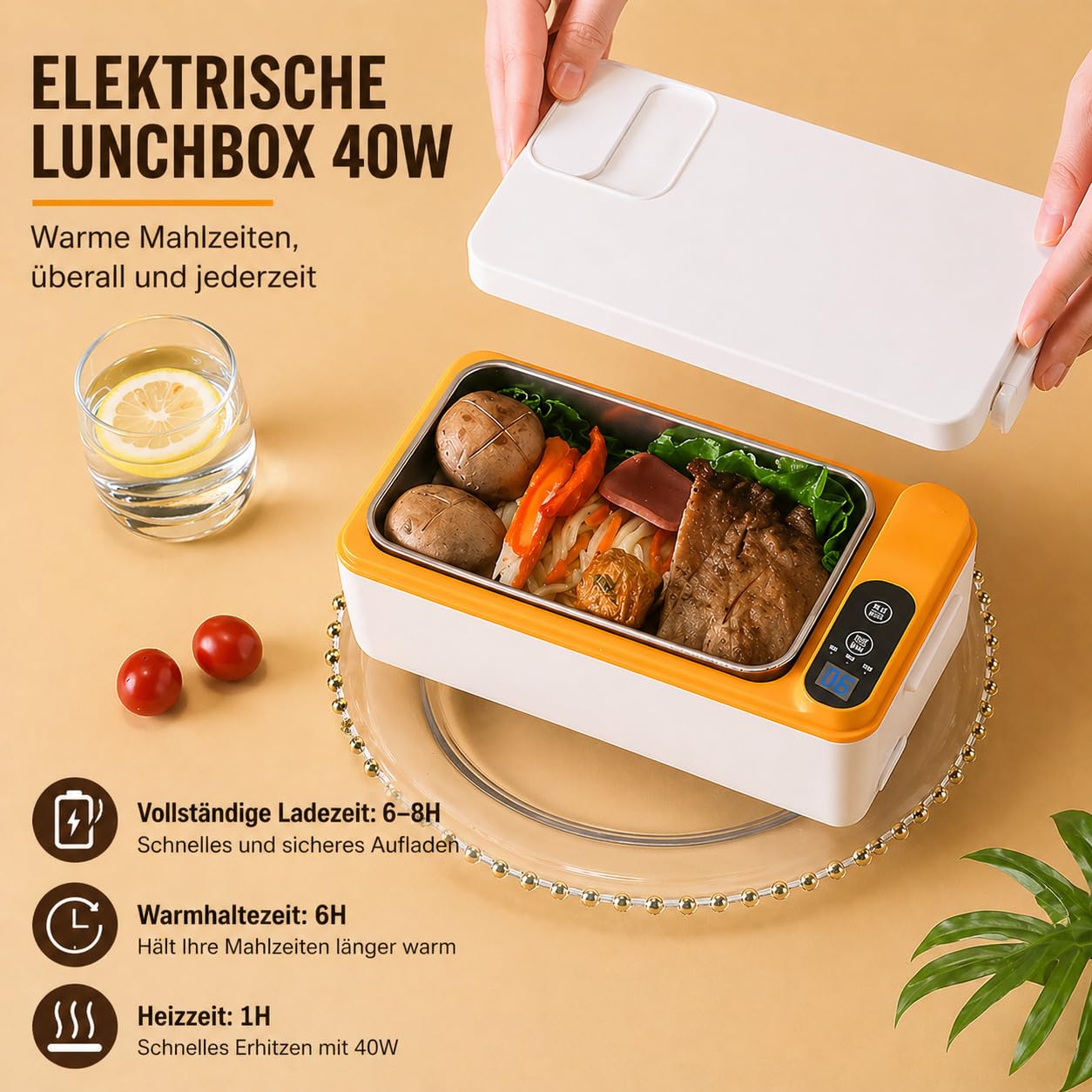Elektrische Lunchbox Kabellos 1L mit Batterie 12000mAh, Beheizbare Brotdose Tragbar, Speisenwärmer Edelstahl mit Display & Timer, für Arbeit, Büro, Auto, Camping
