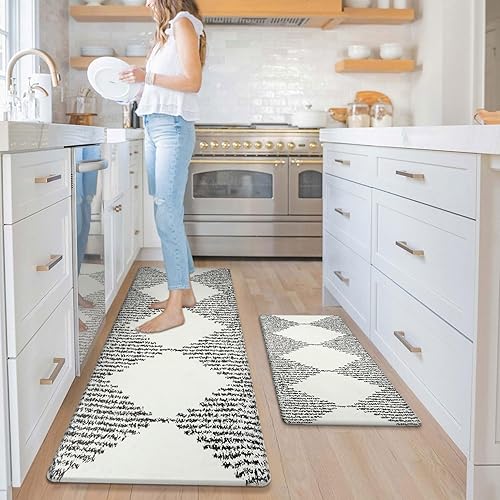 KIMODE Anti Fatigue Kitchen Mats,Geometric Farmhouse Kitchen Rugs Sets of 2,Non Slip Waterproof Kitchen Mats for Floor,Ergonomic Comfort Foam Standing Mat for Office, Sink,Laundry,Black and Beige