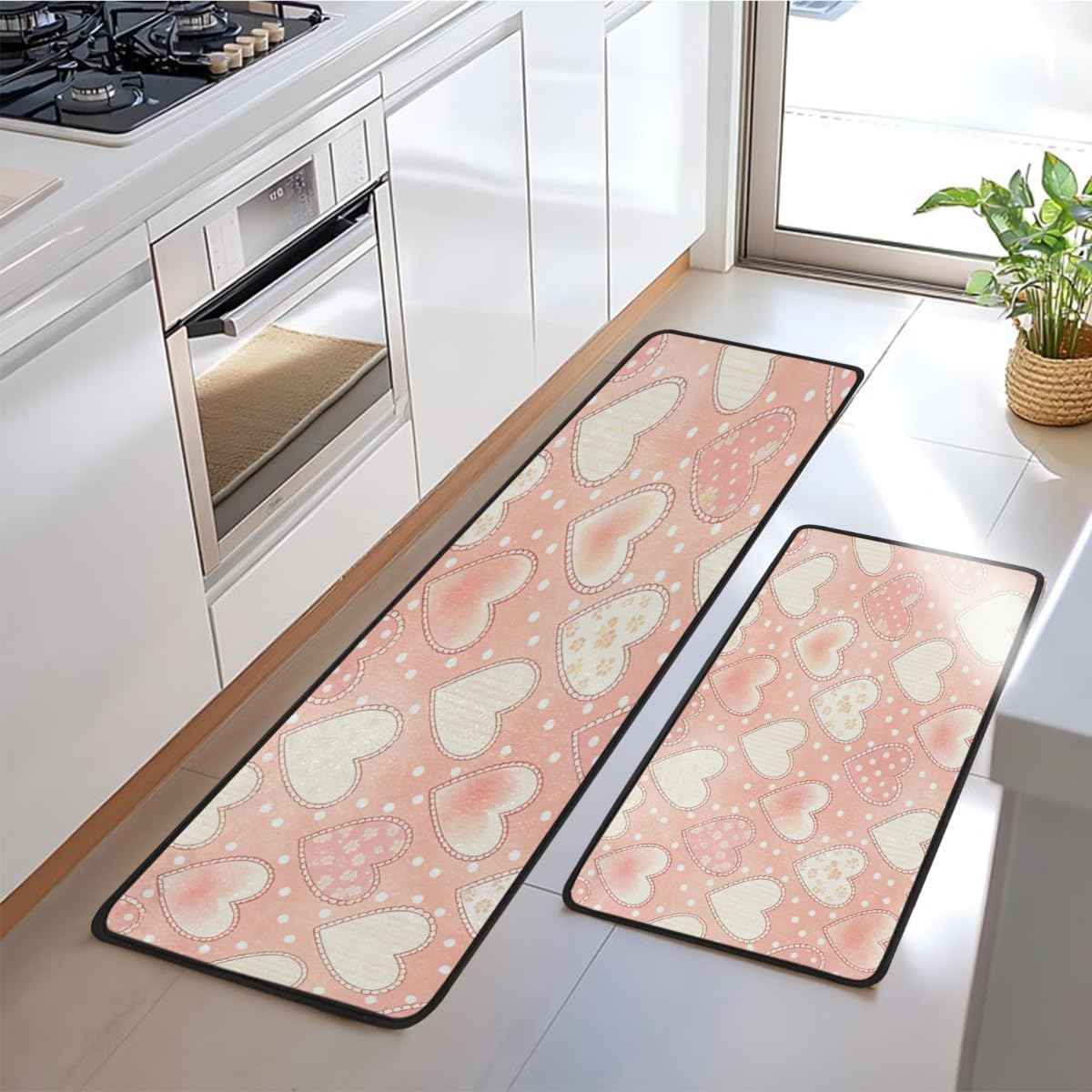 Anti Fatigue Pink White Heart Fabric Kitchen Mats for Floor 2 Piece Set, Waterproof Non Slip Boho Kitchen Floor Rugs, Comfort Standing Mat for Sink Laundry & Home Kitchen 17"x47"+17"x29"