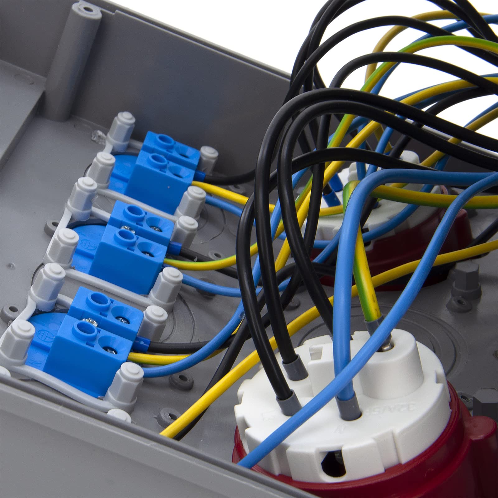 Wandverteiler mit FI-Schalter und Schuko 4x230V + 2xLS-Schalter, 1xCEE 16A, 1xCEE 32A, Steckdosen, Abgesichert, Verdrahtet, Anschlußfertig für Werkstatt, Garage, Fabrik, Feuchtraum.