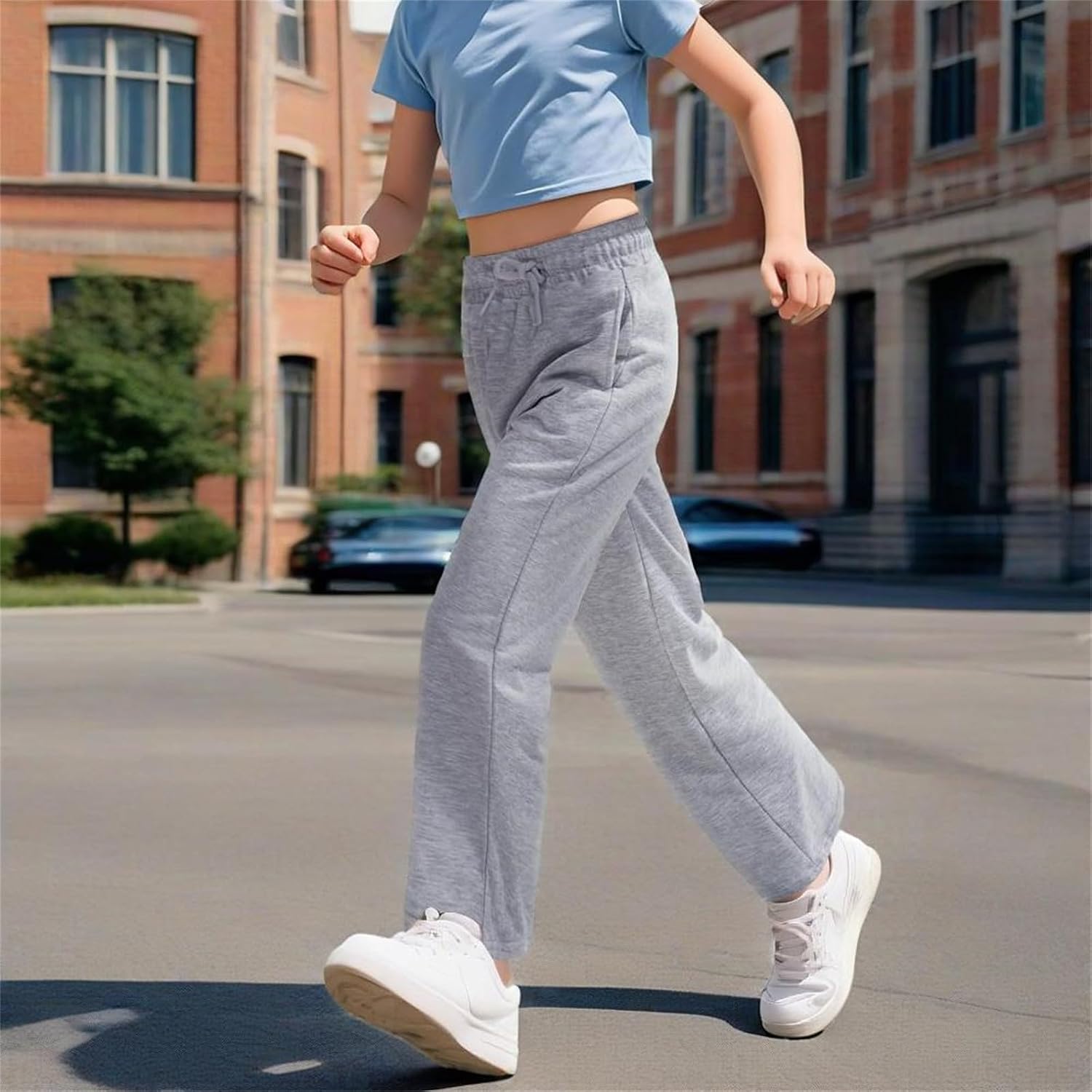 Teens Girls Straight Leg Sweatpants High Waist Baggy Wide Leg Joggers Trendy Loose Drawstring Athletic Pants with Pockets