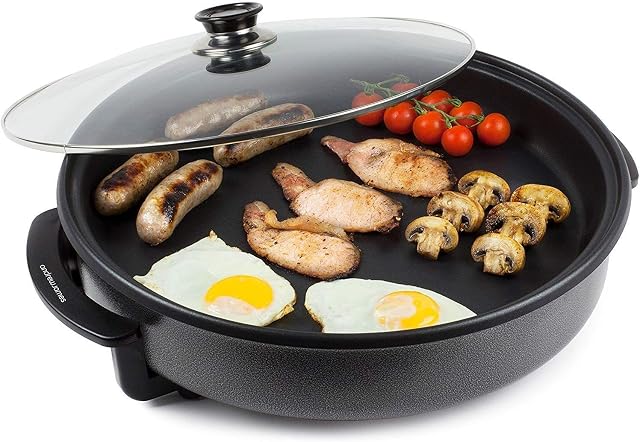 Andrew James Multi Function Cooker, Electric Frying Pan, Large Skillet, Non Stick Pot with Glass Lid, Perfect for Camping, Paella, Frying Breakfast, Pizza, Adjustable Temperature Control, 42cm, 1500W